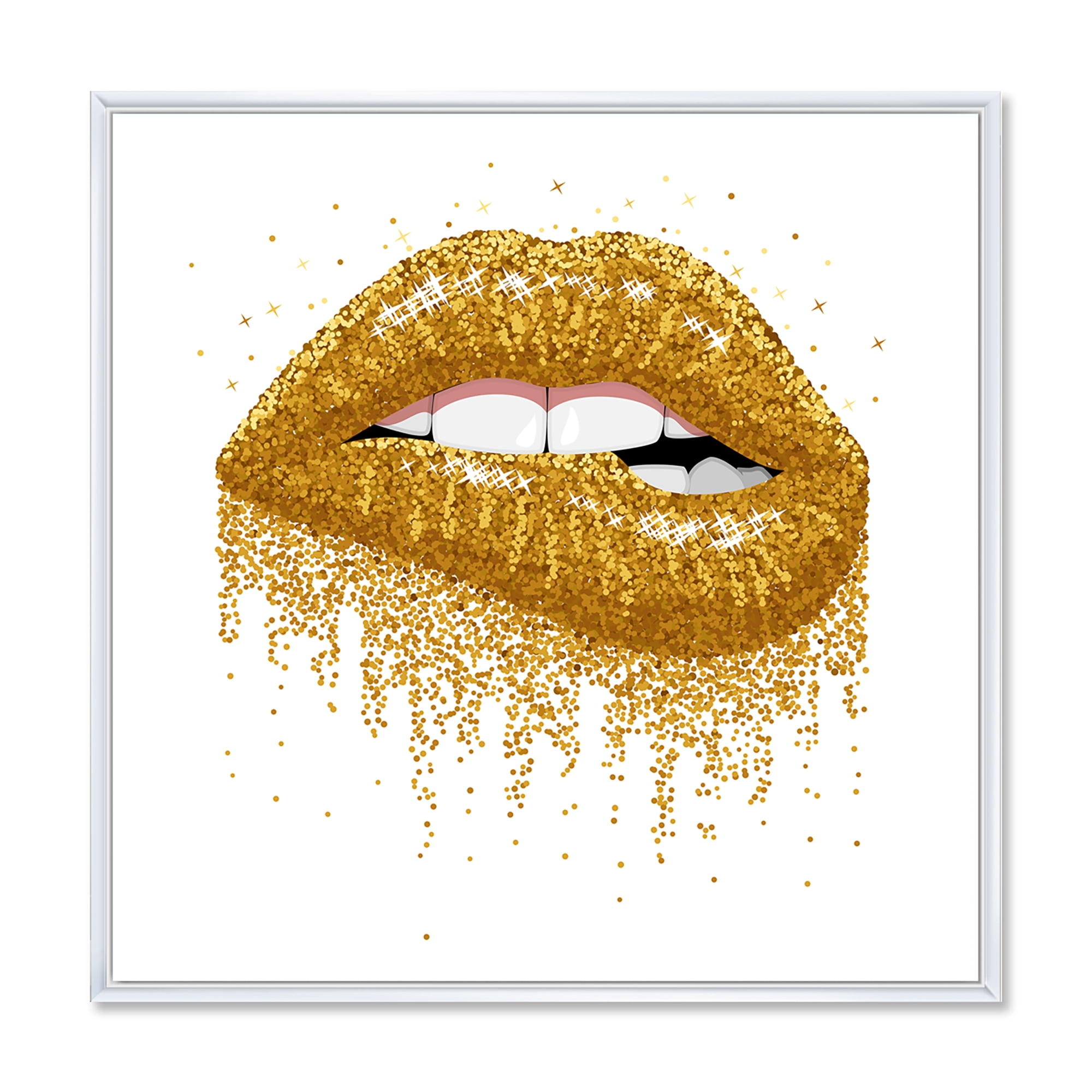 Designart 'Girl Lips With Glitter Gold Sparkles' Modern Framed Canvas Wall Art Print