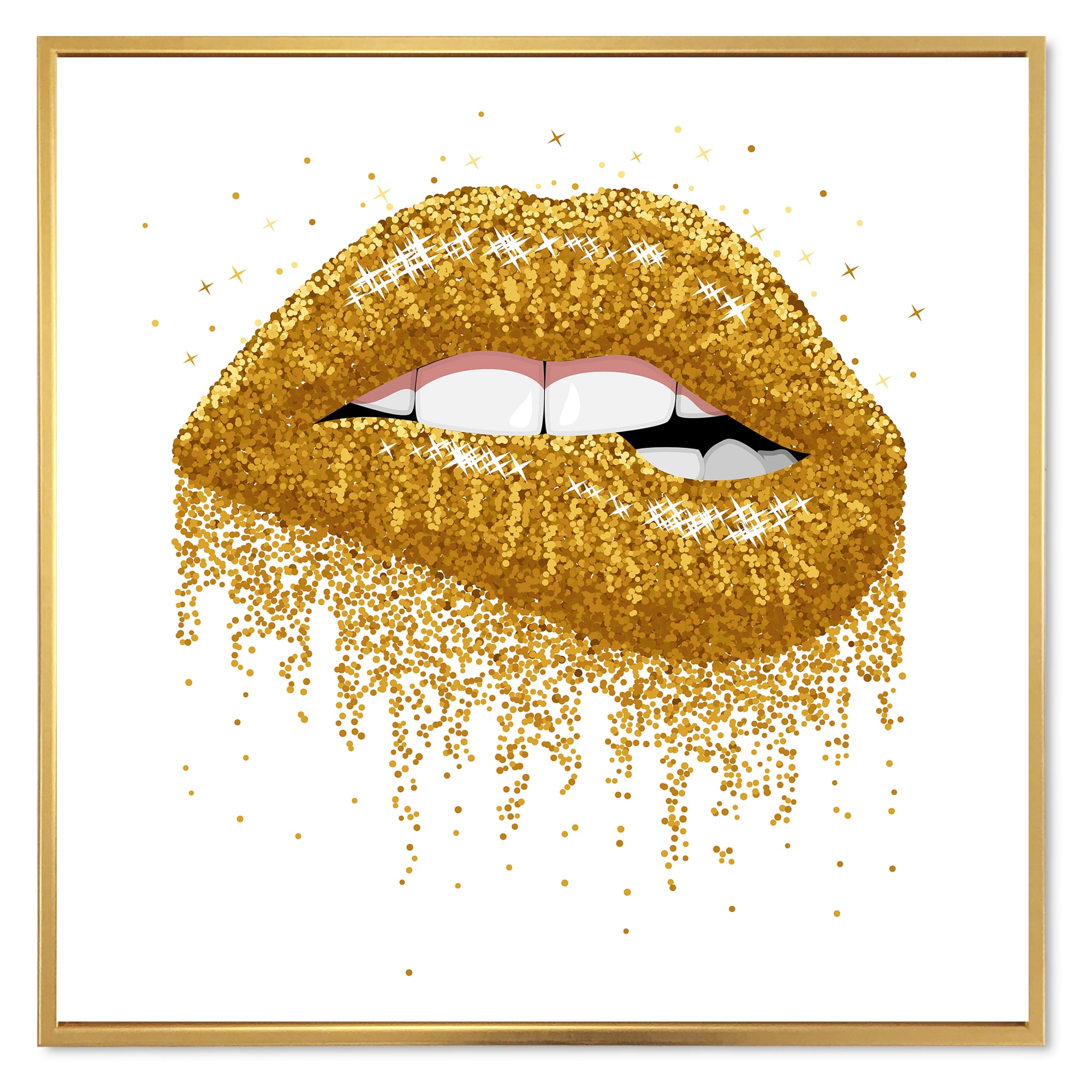 Designart Woman Lips With Black Leather and Gold Foil Modern