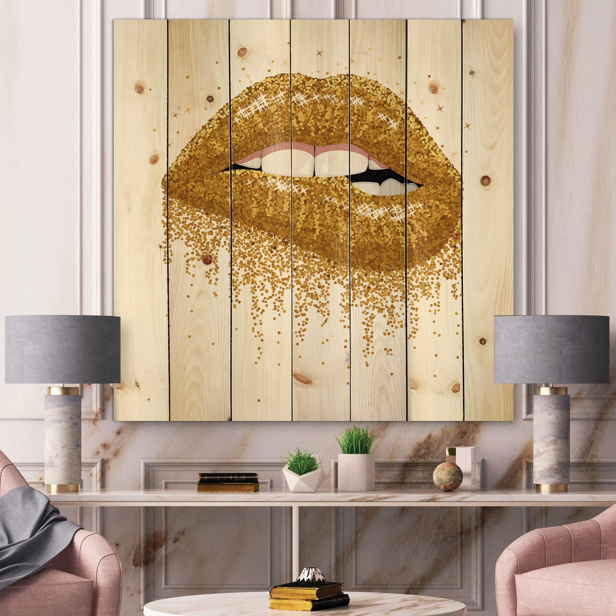 Designart 'Girl Lips With Glitter Gold Sparkles' Modern Print on Natural Pine Wood