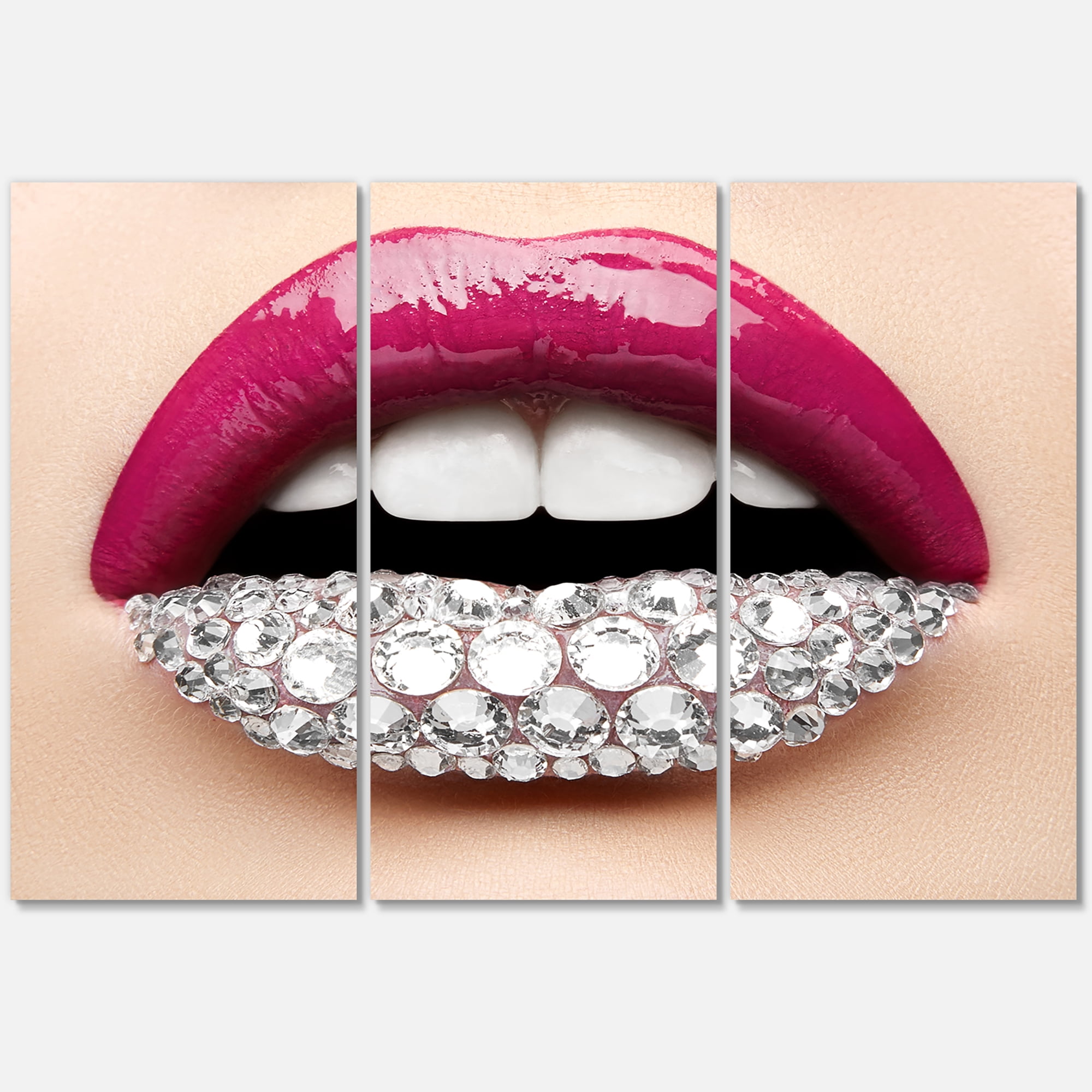 Designart ' Girl Lips With Pink Lipstick White Diamonds ' Modern Canvas Wall Art Print