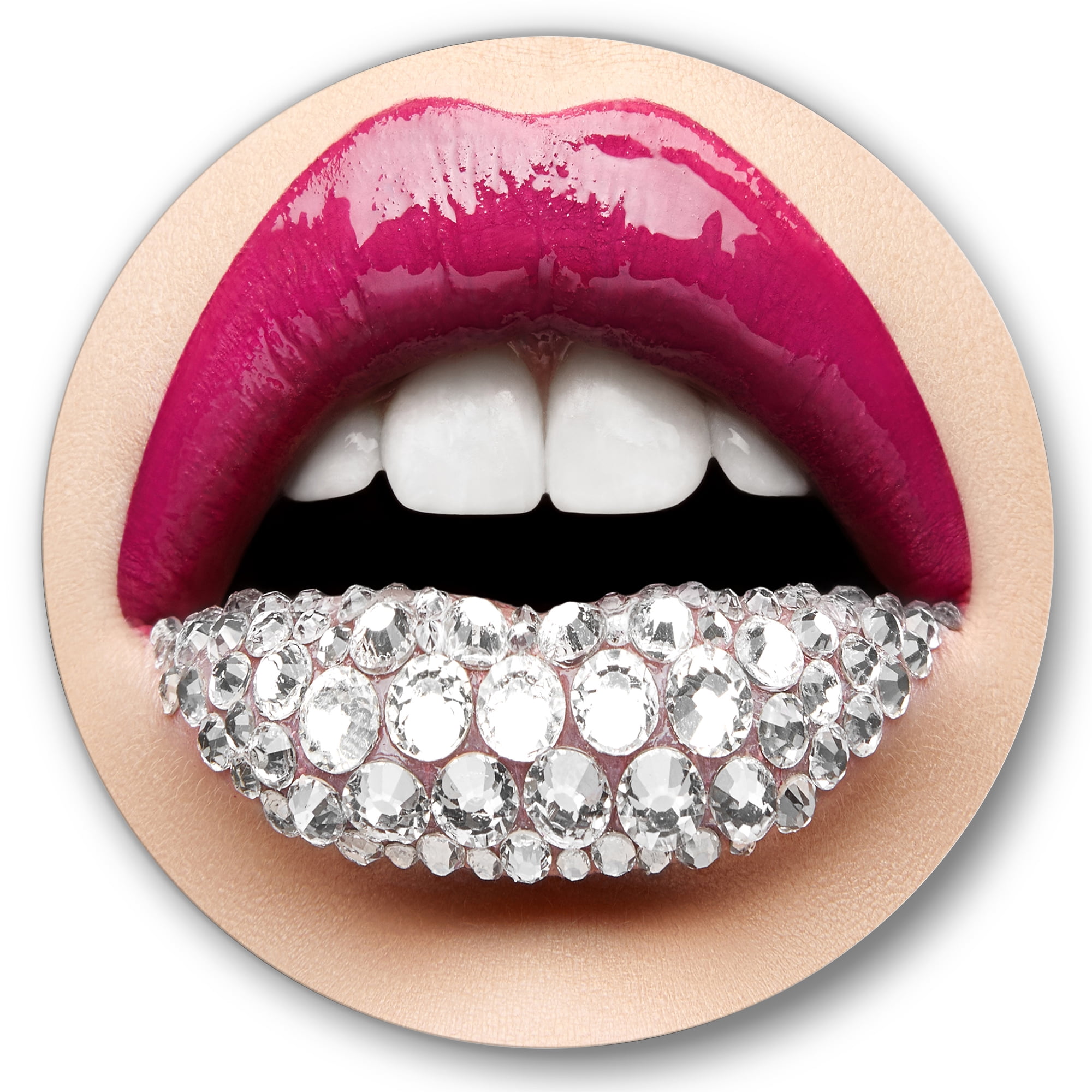 Designart 'Girl Lips With Pink Lipstick White Diamonds' Modern Circle Metal Wall Art 29x29 - Disc of 29