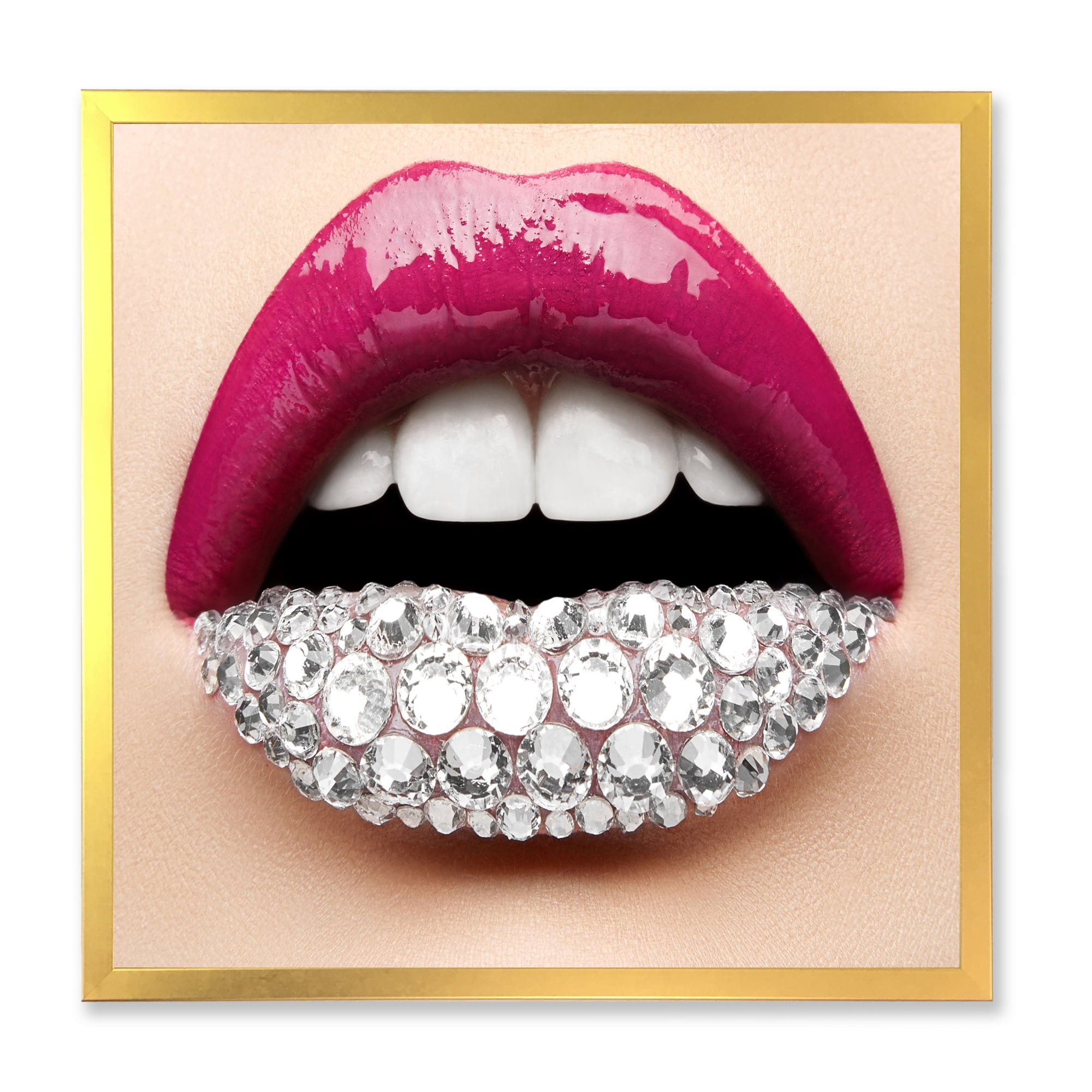 Designart 'Girl Lips With Pink Lipstick White Diamonds' Modern Framed Art Print