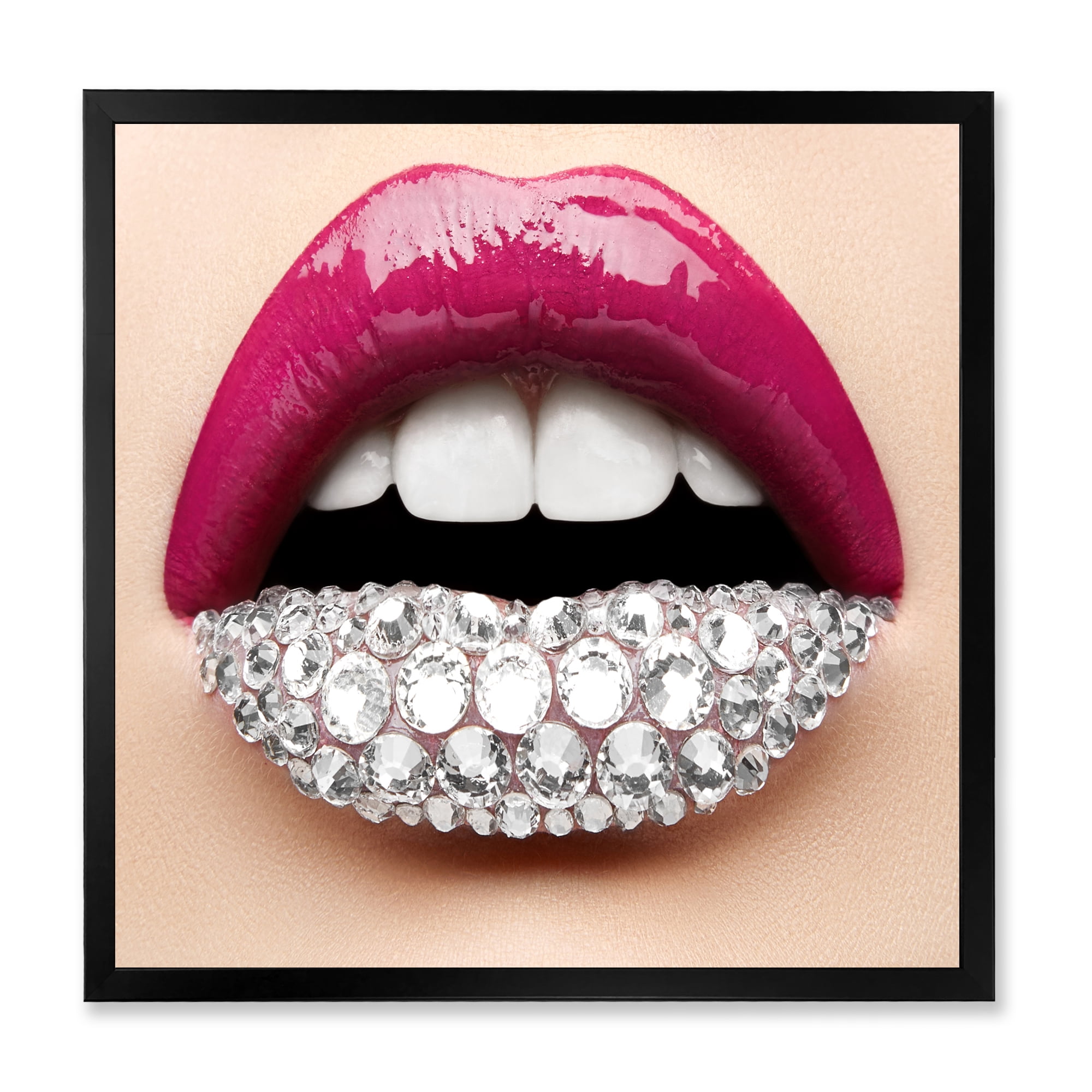 Designart 'Girl Lips With Pink Lipstick White Diamonds' Modern Framed Art Print