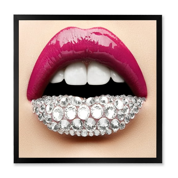 Designart 'Girl Lips With Pink Lipstick White Diamonds' Modern Framed Art Print