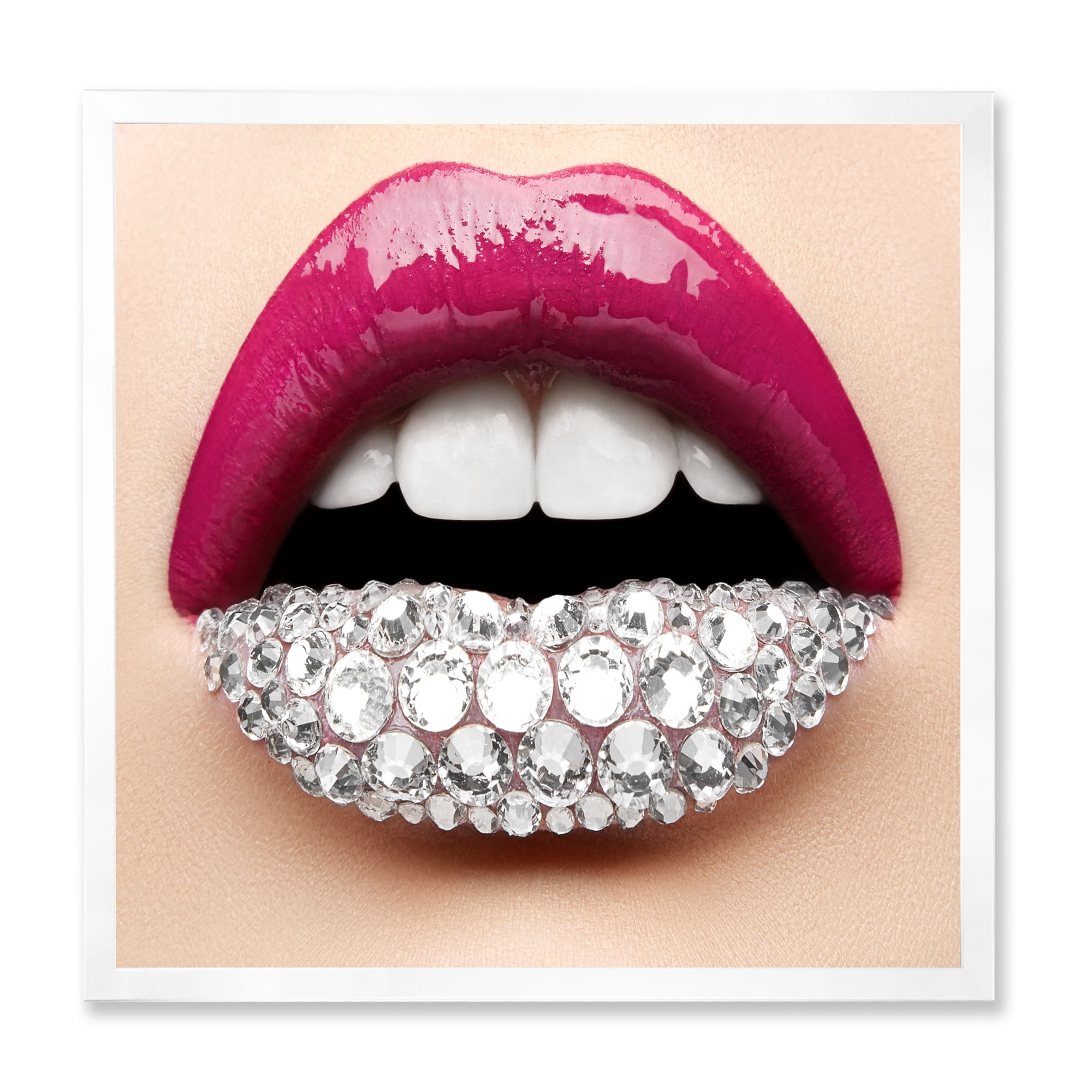 Designart 'Girl Lips With Pink Lipstick White Diamonds' Modern Framed Art Print