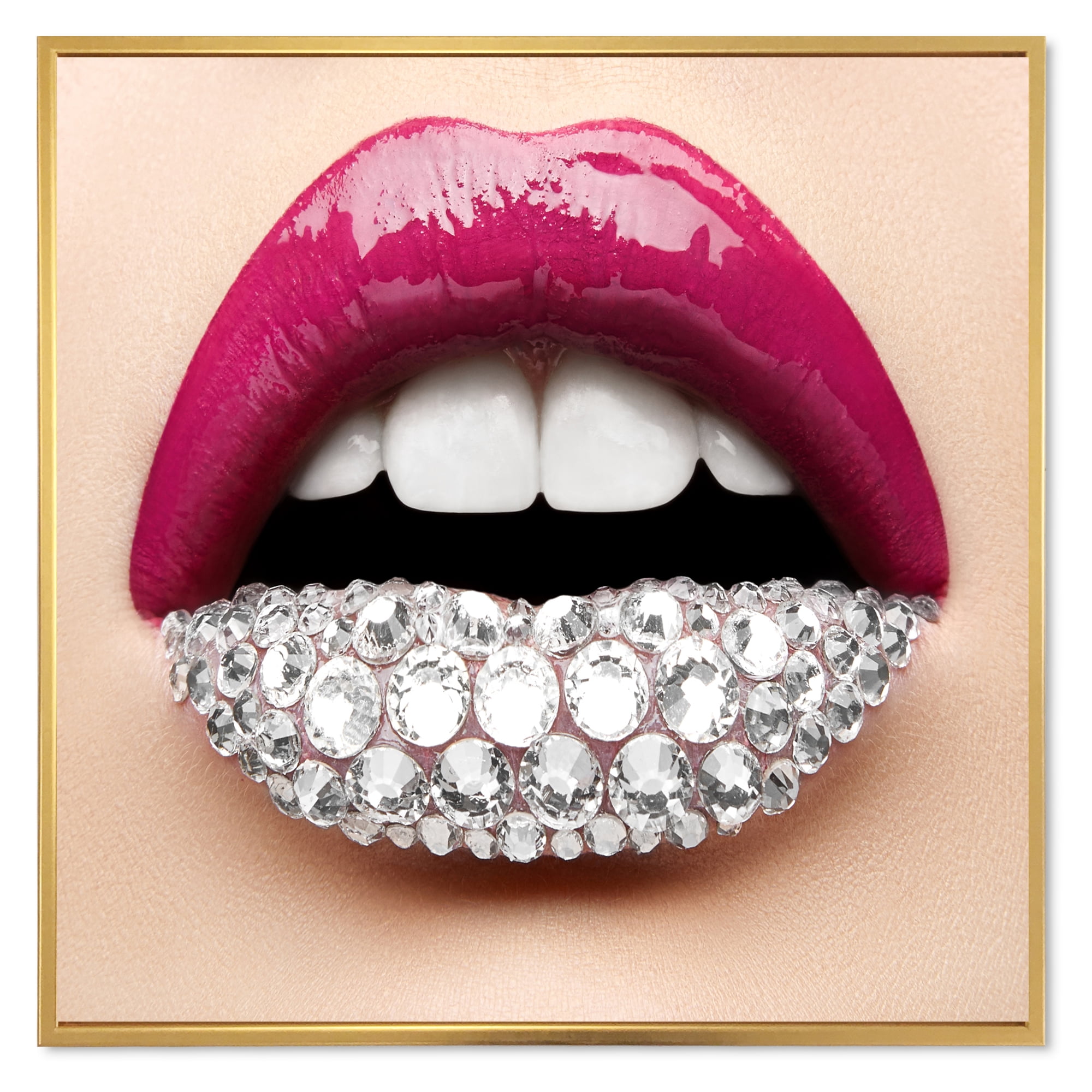 Designart 'Girl Lips With Pink Lipstick White Diamonds' Modern Framed Canvas Wall Art Print