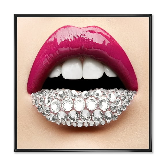 Designart 'Girl Lips With Pink Lipstick White Diamonds' Modern Framed Canvas Wall Art Print