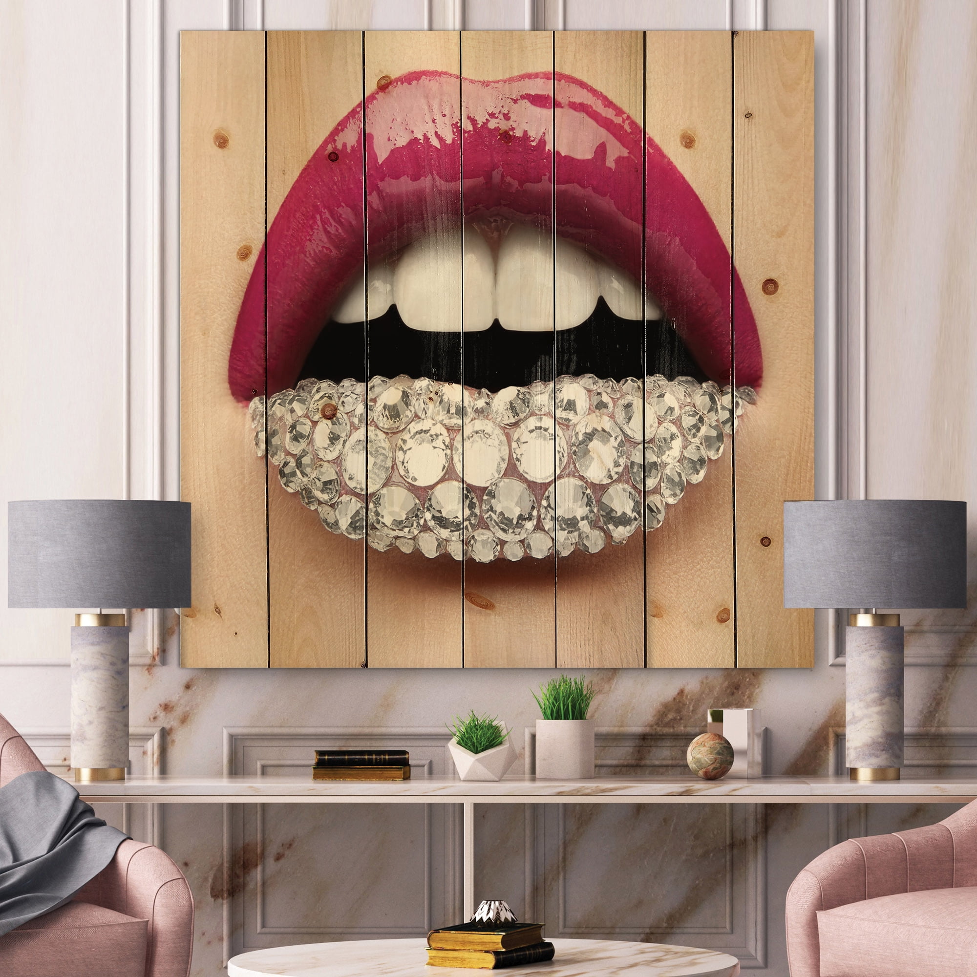 Designart 'Girl Lips With Pink Lipstick White Diamonds' Modern Print on Natural Pine Wood