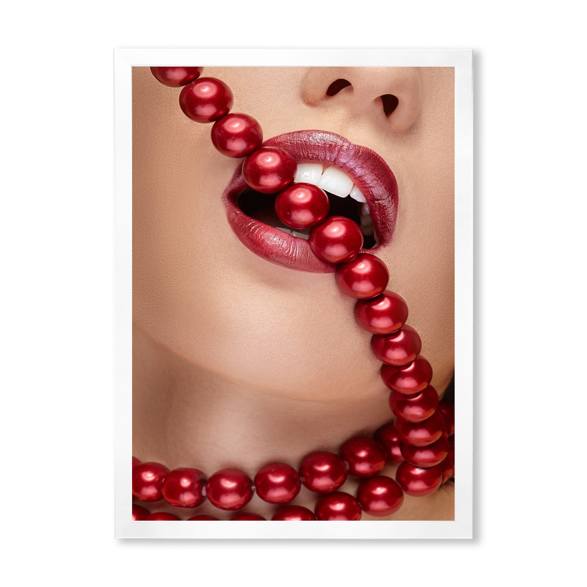 Designart 'Girl Mouth With Red Lipstick Biting Red Pearls' Modern Framed Art Print