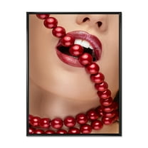 Designart 'Girl Mouth With Red Lipstick Biting Red Pearls' Modern Framed Canvas Wall Art Print