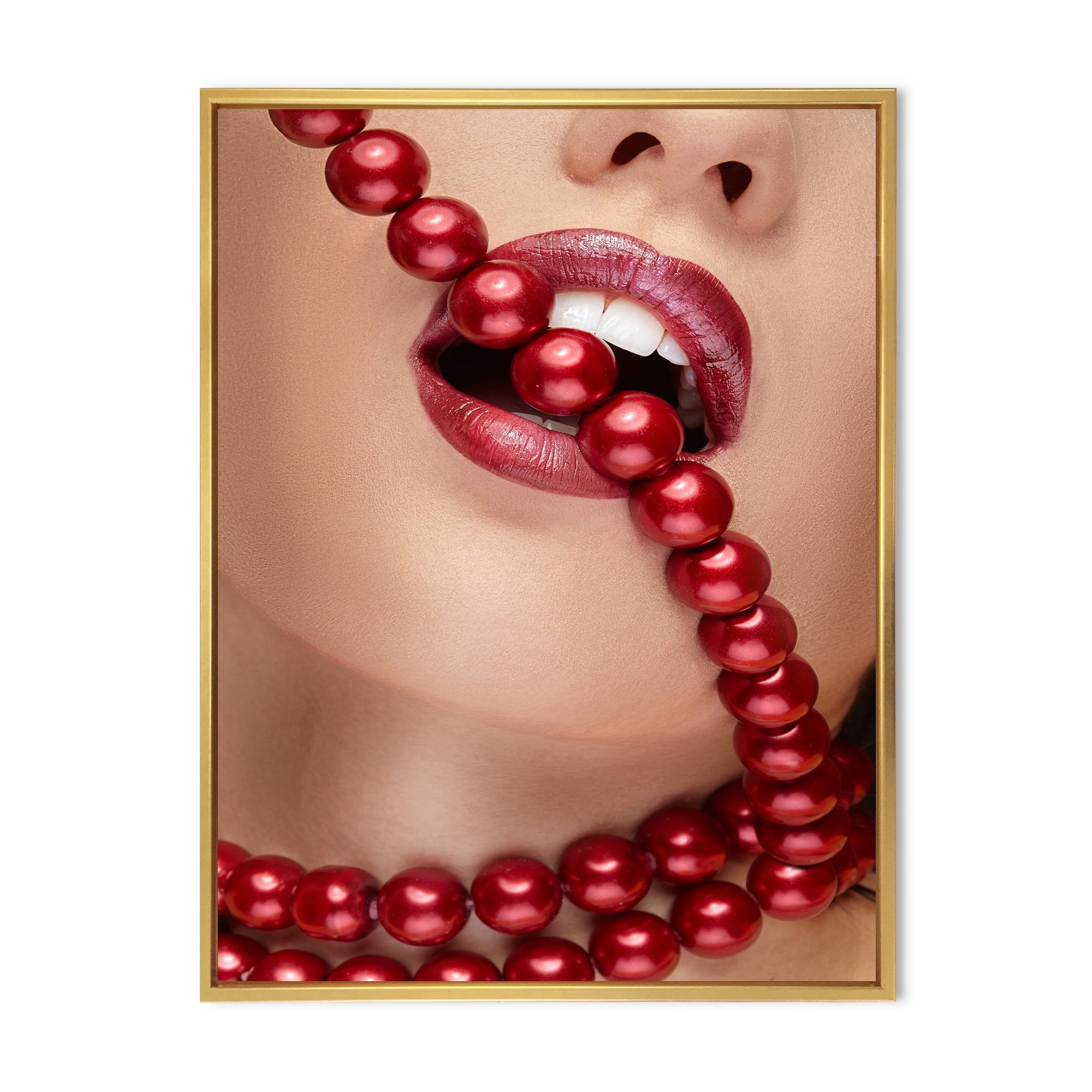 Designart 'Girl Mouth With Red Lipstick Biting Red Pearls' Modern Framed Canvas Wall Art Print
