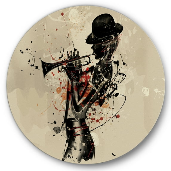 Designart 'Girl Playing Jazz Trumpet' Modern Circle Metal Wall Art 36x36 - Disc of 36
