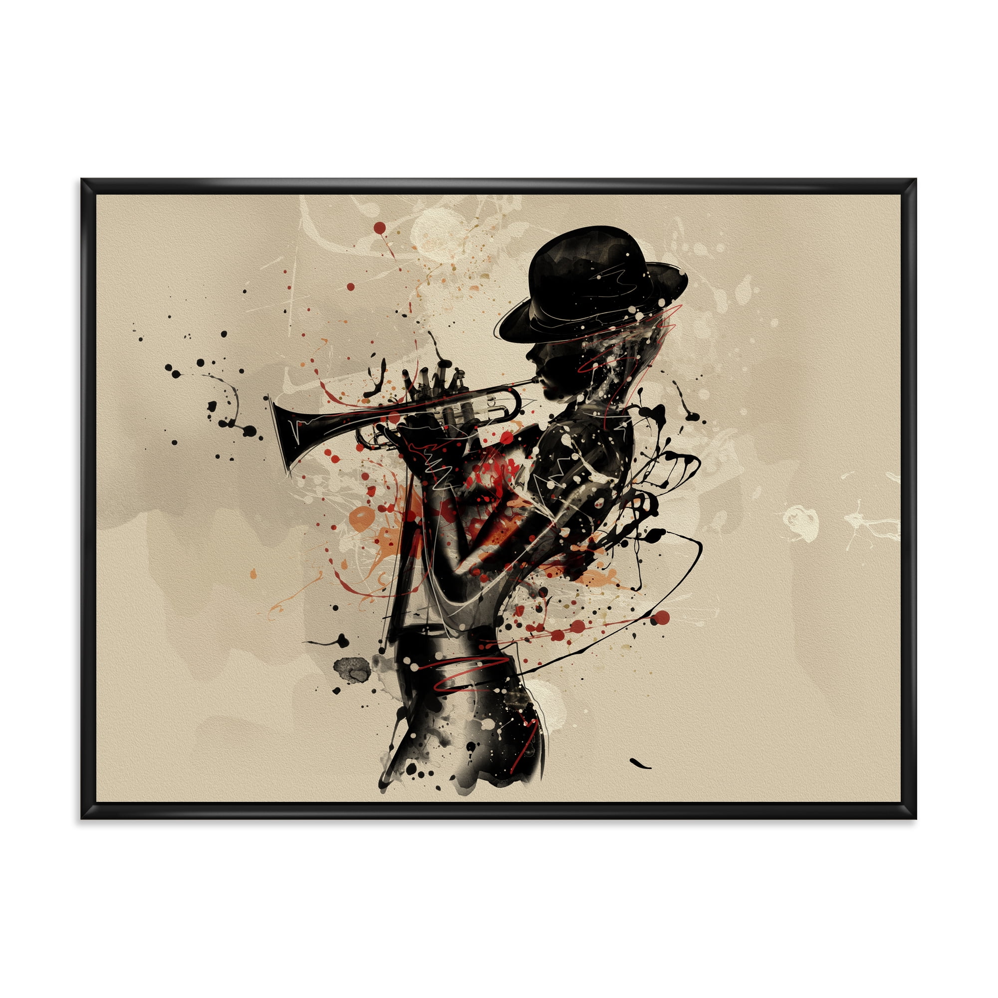 Designart 'Girl Playing Jazz Trumpet' Modern Framed Canvas Wall Art Print