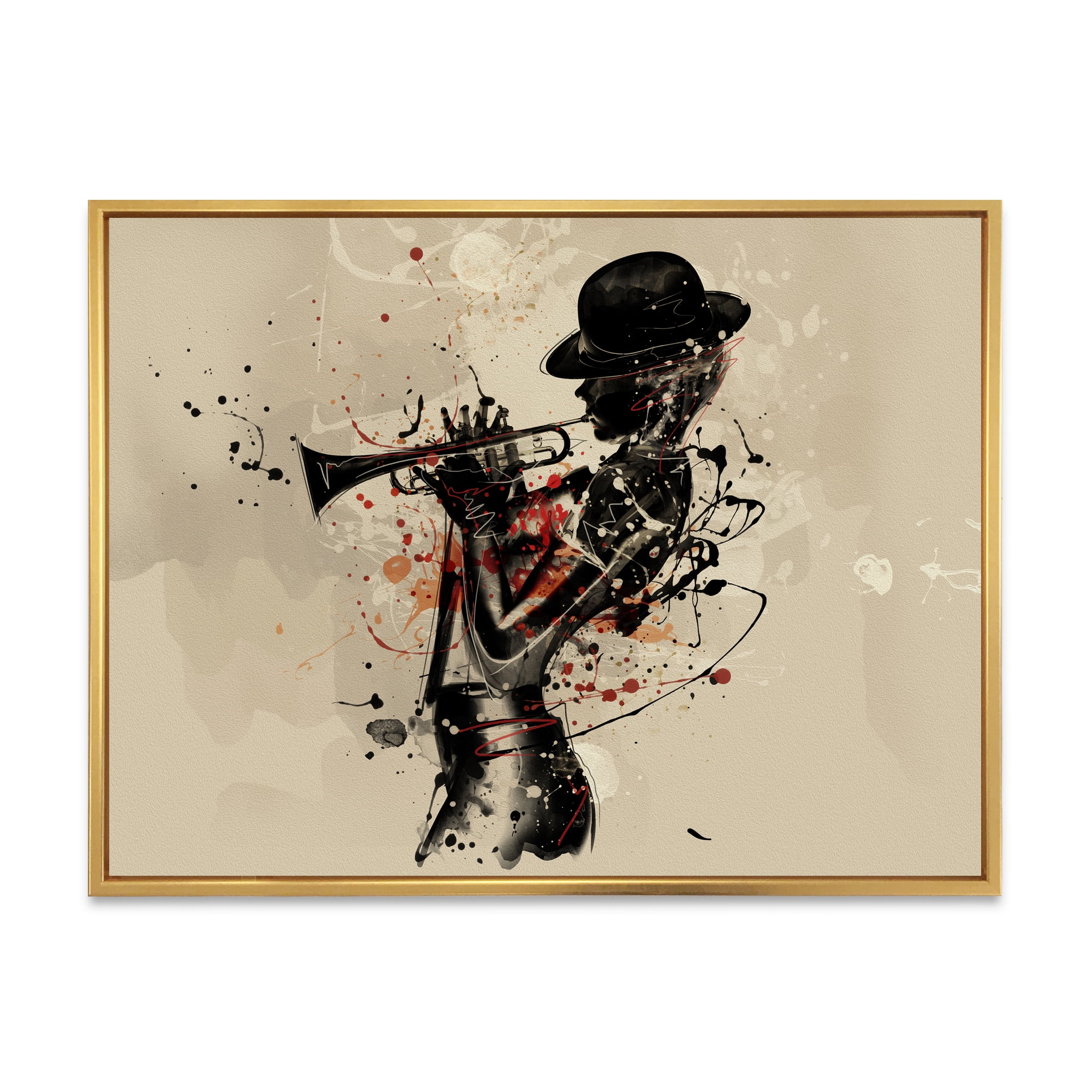 Designart 'Girl Playing Jazz Trumpet' Modern Framed Canvas Wall Art Print