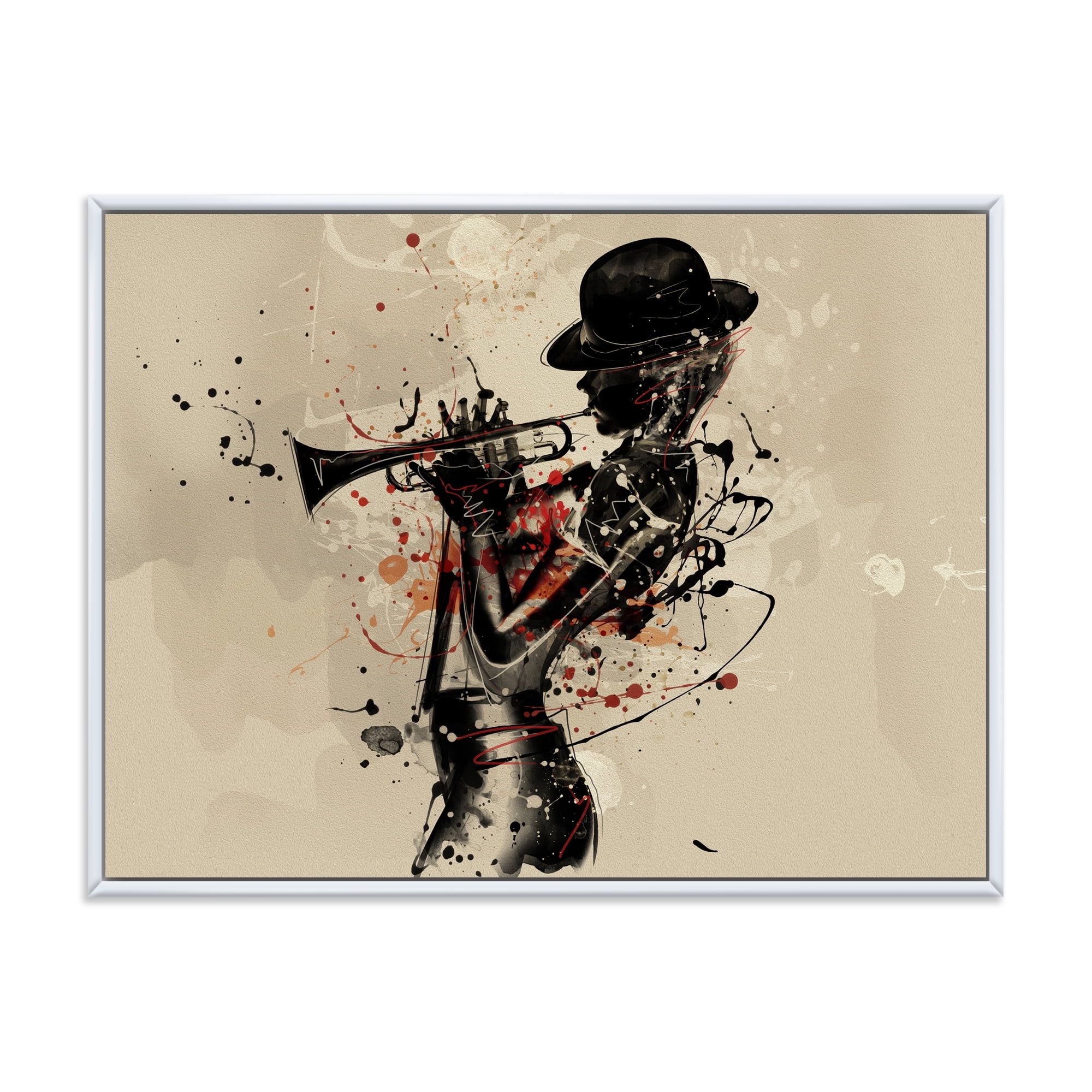 Designart 'Girl Playing Jazz Trumpet' Modern Framed Canvas Wall Art Print