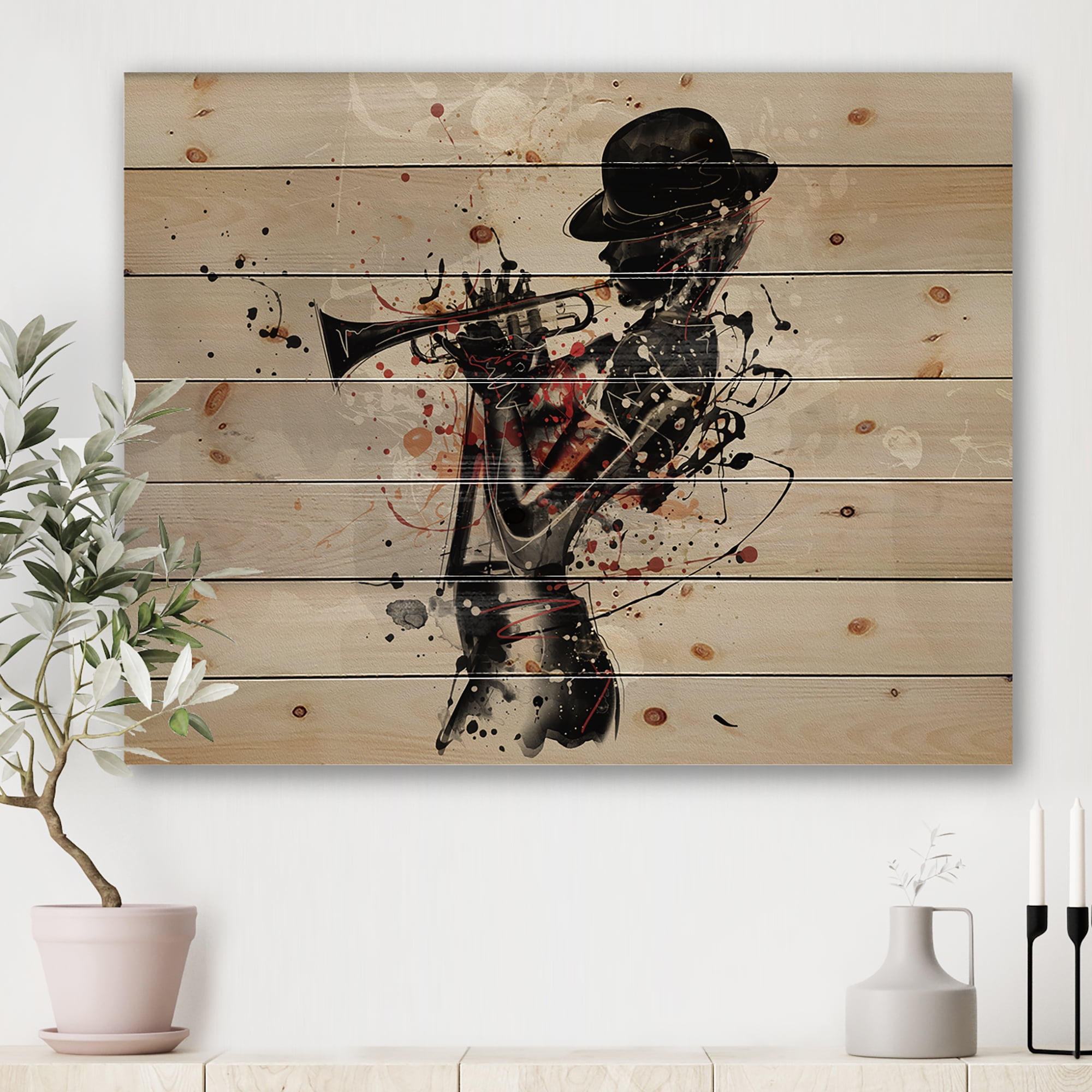 Designart 'Girl Playing Jazz Trumpet' Modern Print on Natural Pine Wood