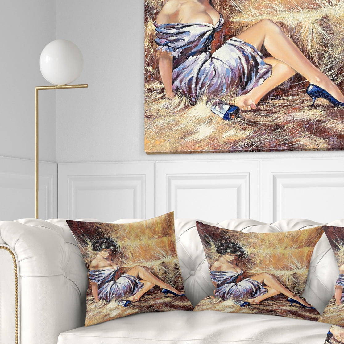 Designart Girl Setting on Floor - Portrait Throw Pillow - 16x16
