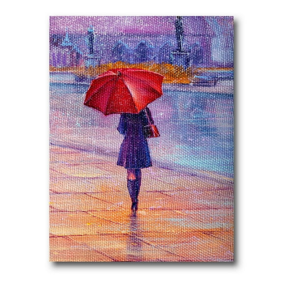 Designart ' Girl Walking With Red Umbrella Under The Rain ' French Country Canvas Wall Art Print