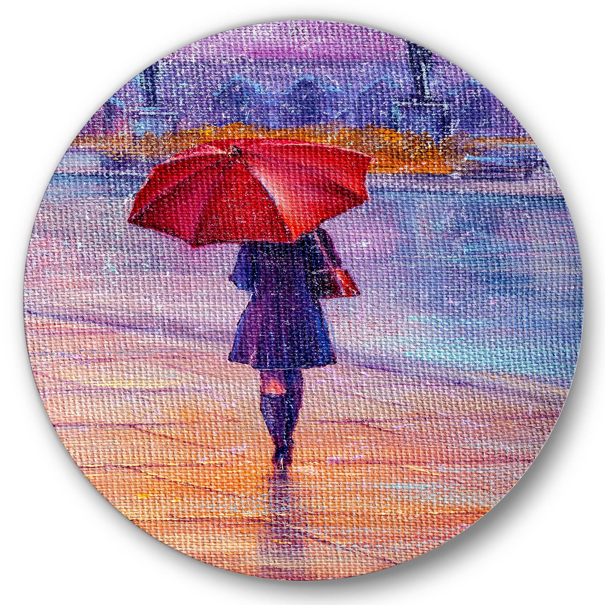 Designart 'Girl Walking With Red Umbrella Under The Rain' French Country Circle Metal Wall Art 11x11 - Disc of 11
