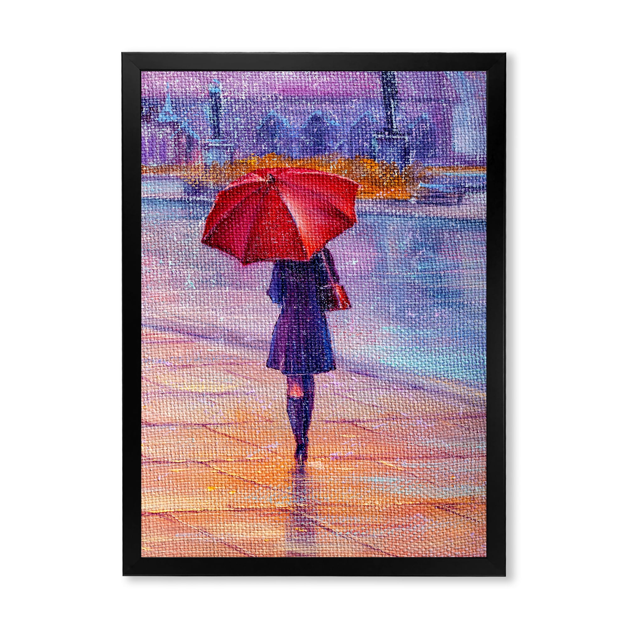 Designart 'Girl Walking With Red Umbrella Under The Rain' French Country Framed Art Print