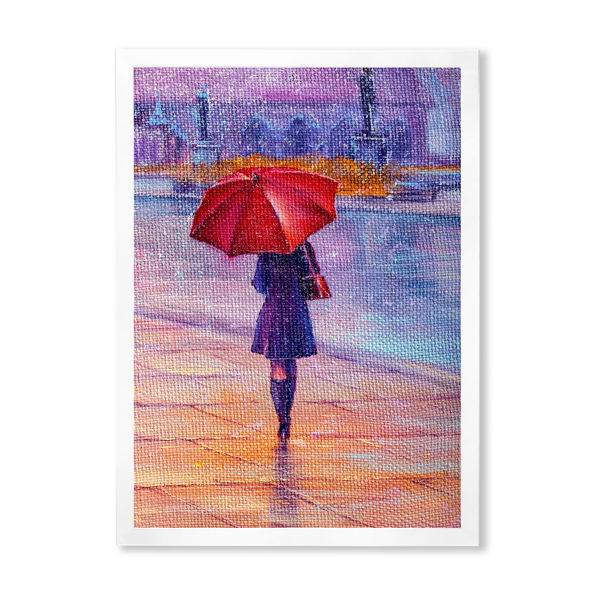 Designart 'Girl Walking With Red Umbrella Under The Rain' French Country Framed Art Print