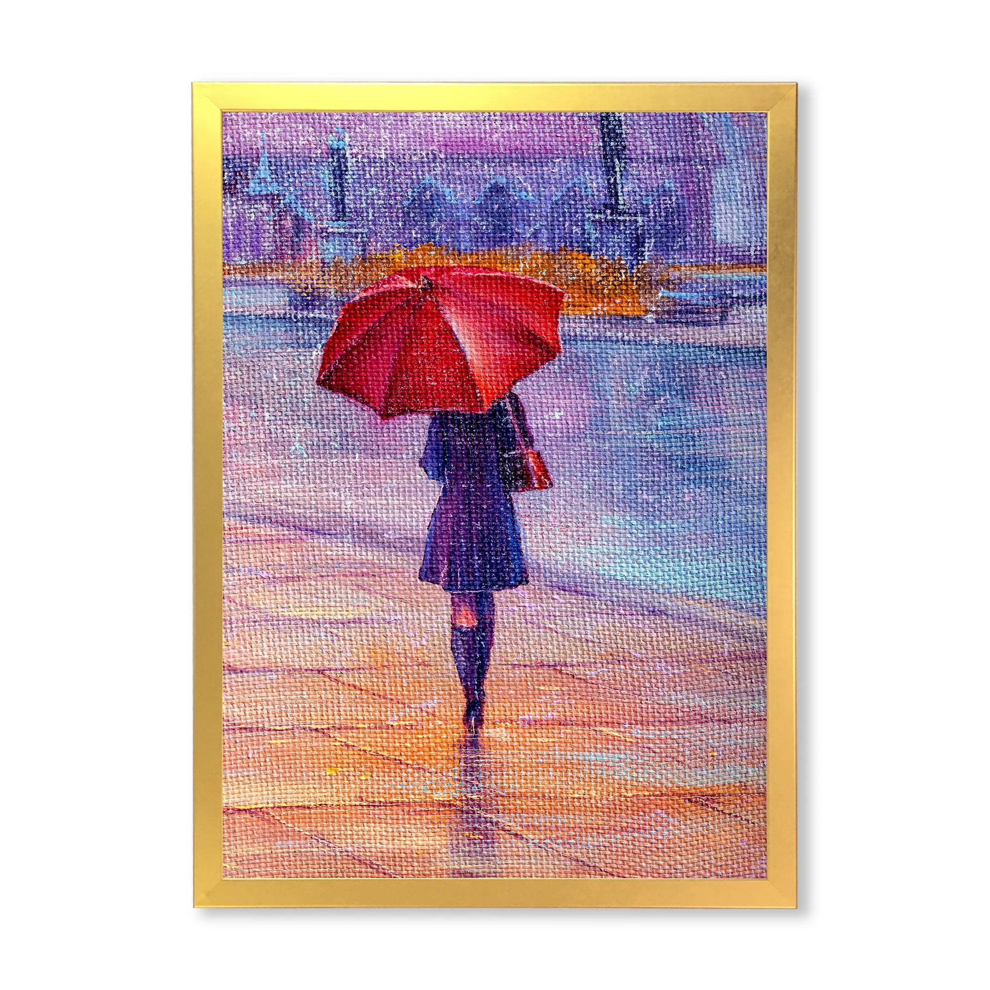 Designart 'Girl Walking With Red Umbrella Under The Rain' French Country Framed Art Print