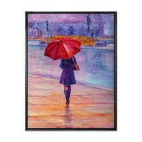 Designart 'Girl Walking With Red Umbrella Under The Rain' French Country Framed Canvas Wall Art Print