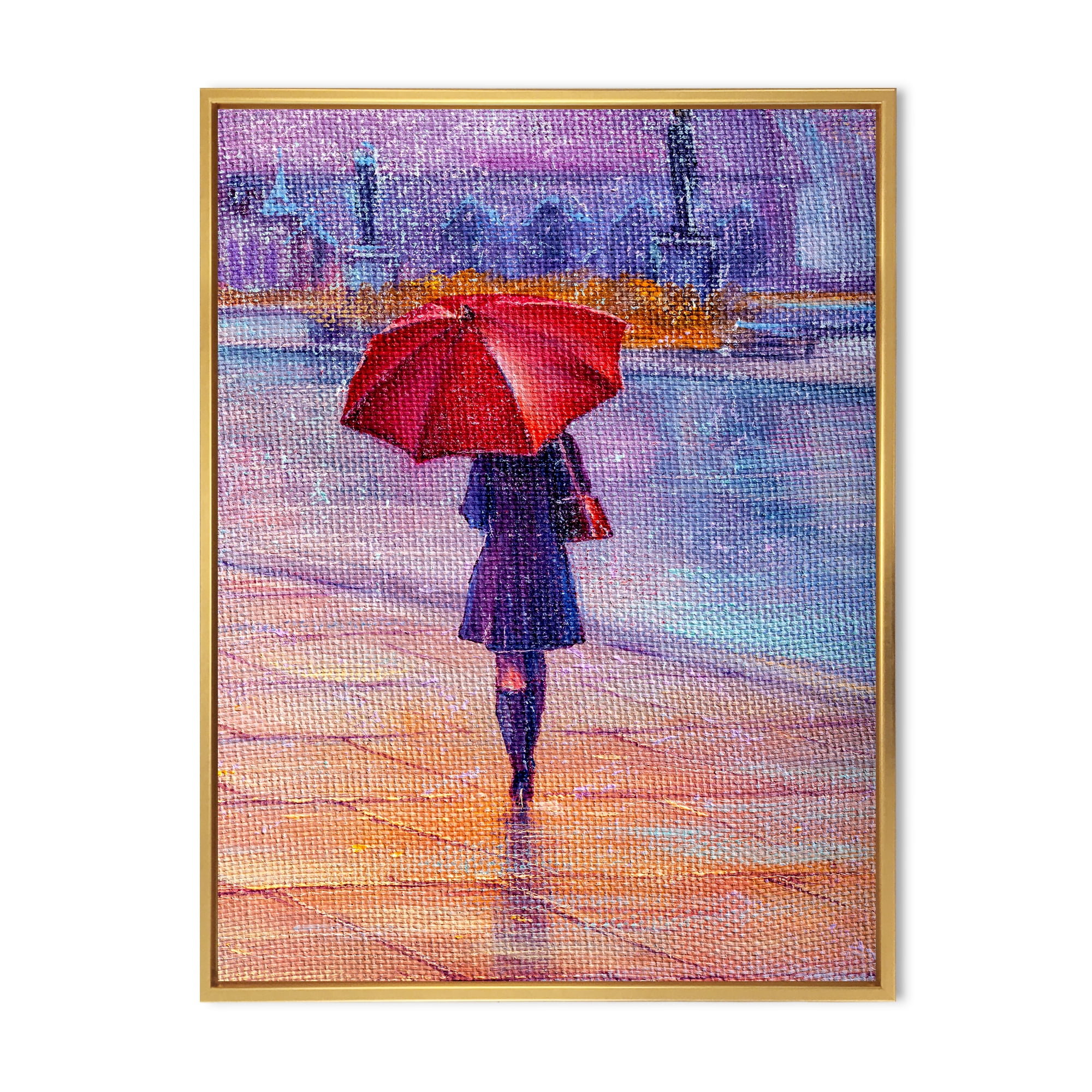 Designart 'Girl Walking With Red Umbrella Under The Rain' French Country Framed Canvas Wall Art Print