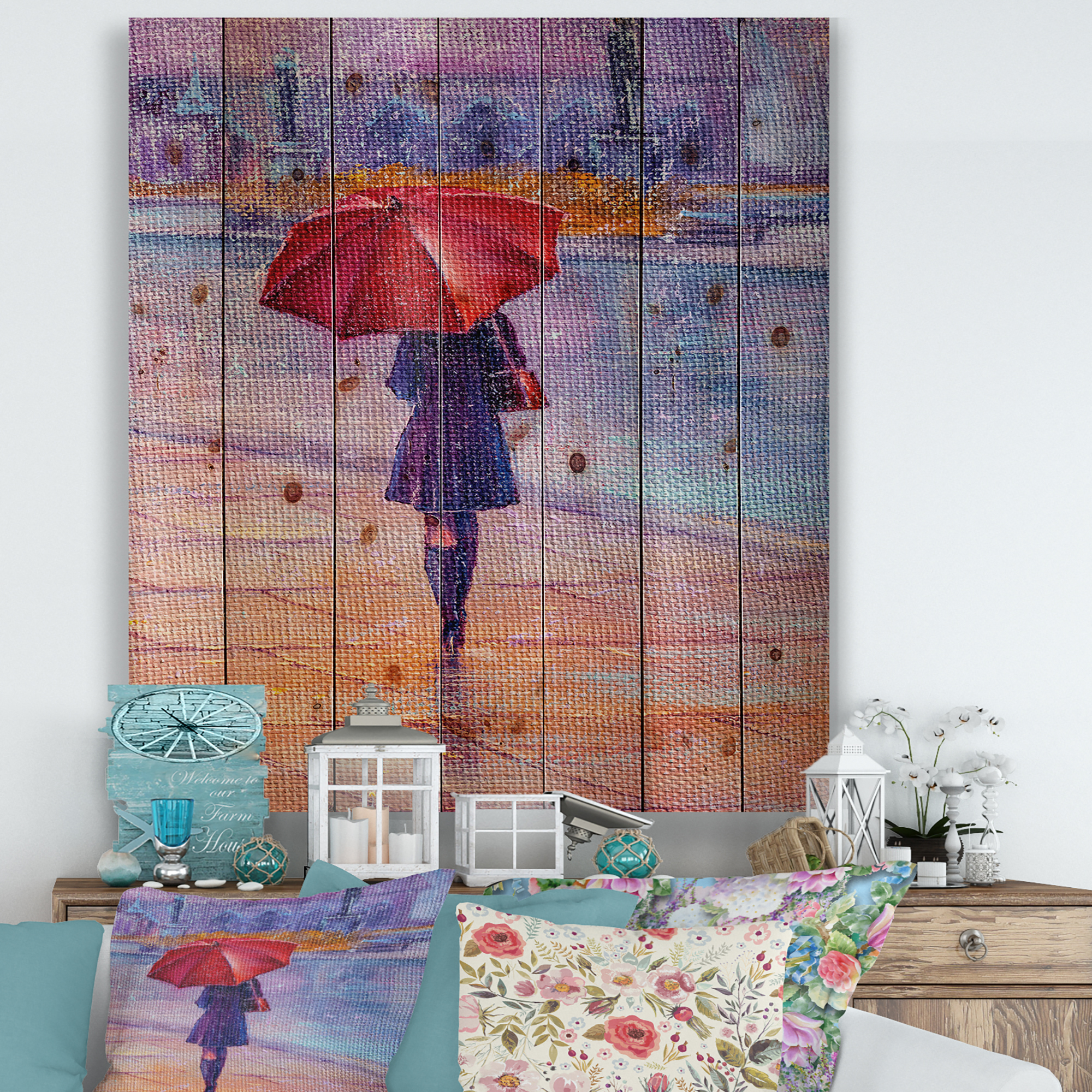 Designart 'Girl Walking With Red Umbrella Under The Rain' French Country Print on Natural Pine Wood