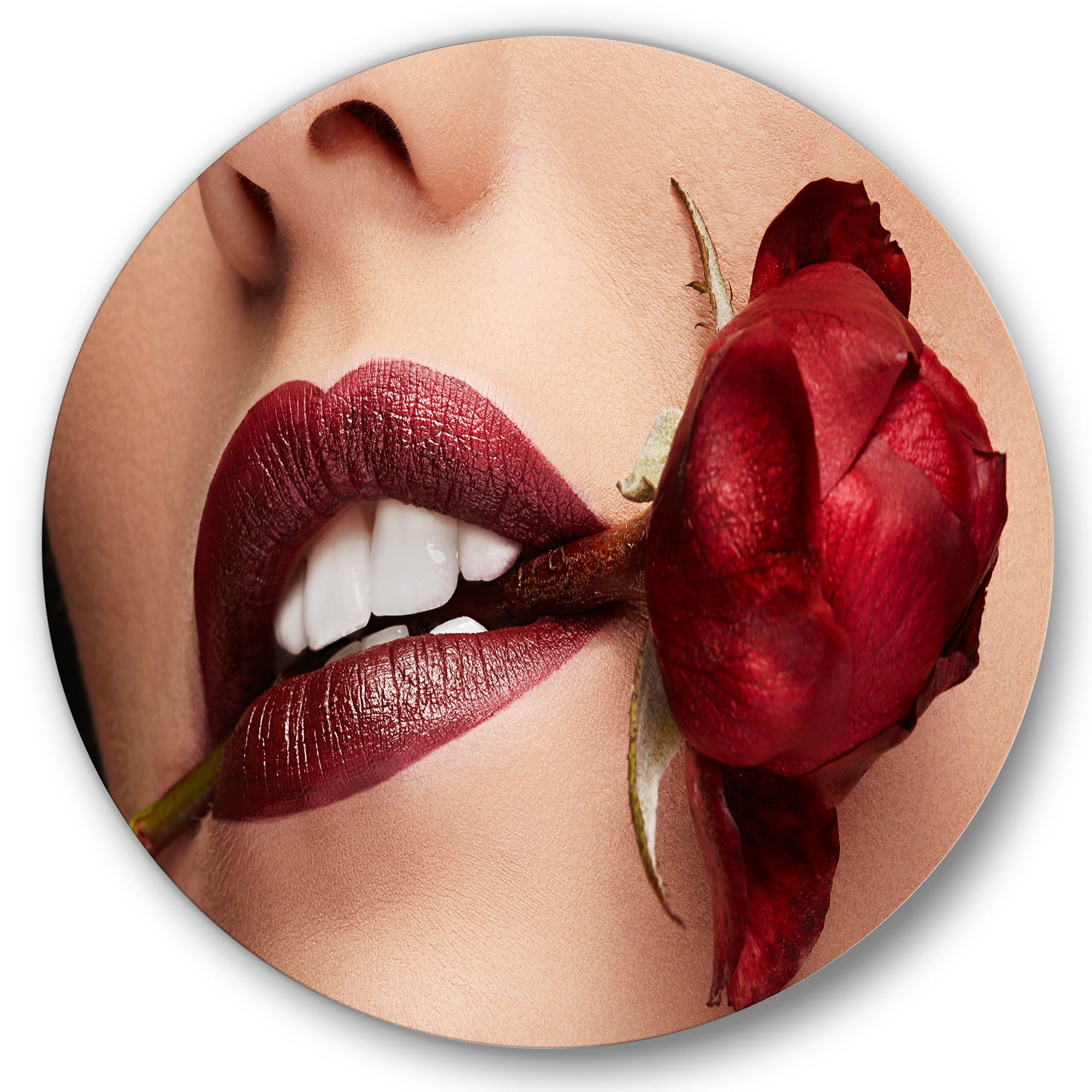 Designart 'Girl With Red Lipstick Holding A Rose In Mouth' Modern Circle Metal Wall Art 23x23 - Disc of 23