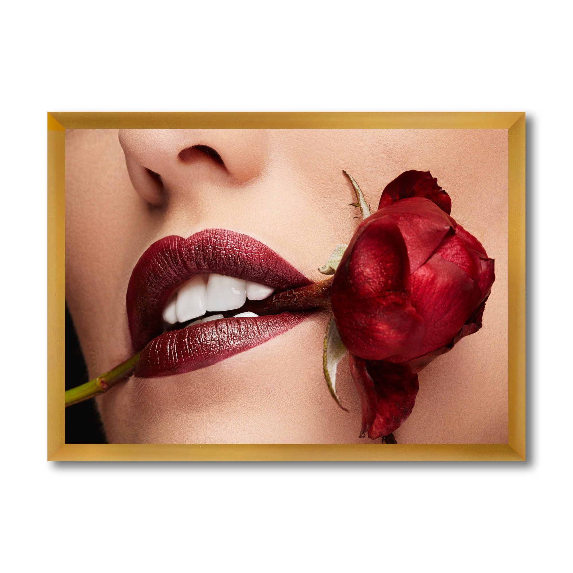 Designart 'Girl With Red Lipstick Holding A Rose In Mouth' Modern Framed Art Print