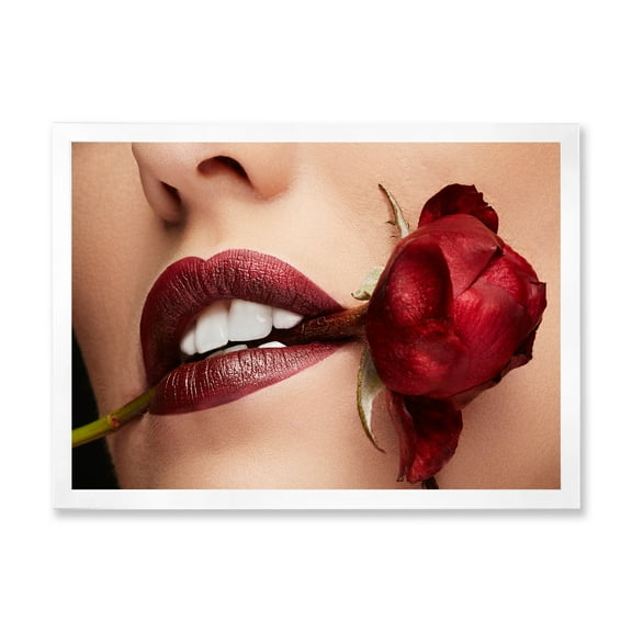 Designart 'Girl With Red Lipstick Holding A Rose In Mouth' Modern Framed Art Print