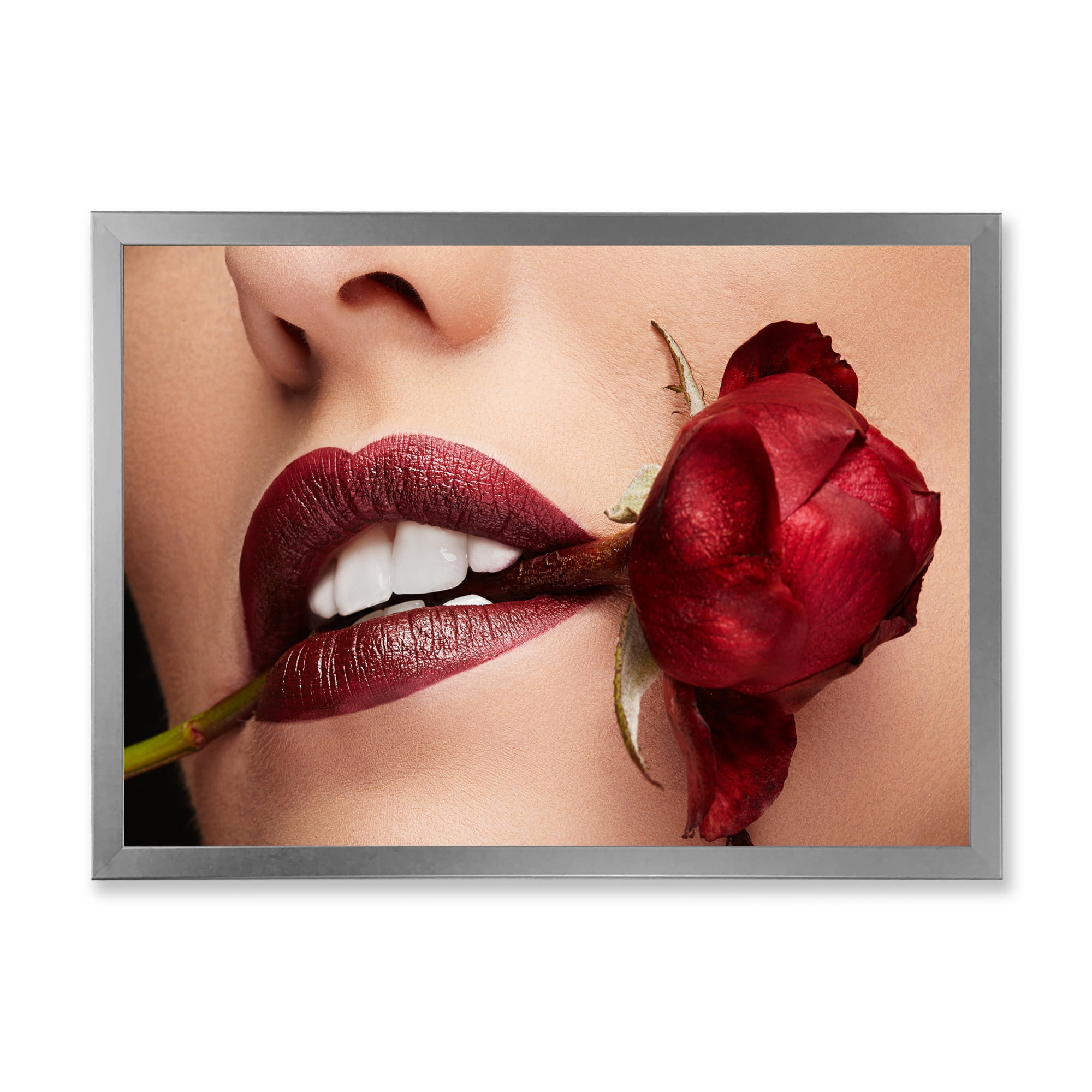 Designart 'Girl With Red Lipstick Holding A Rose In Mouth' Modern Framed Art Print
