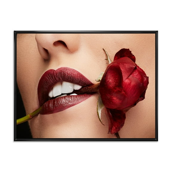 Designart 'Girl With Red Lipstick Holding A Rose In Mouth' Modern Framed Canvas Wall Art Print