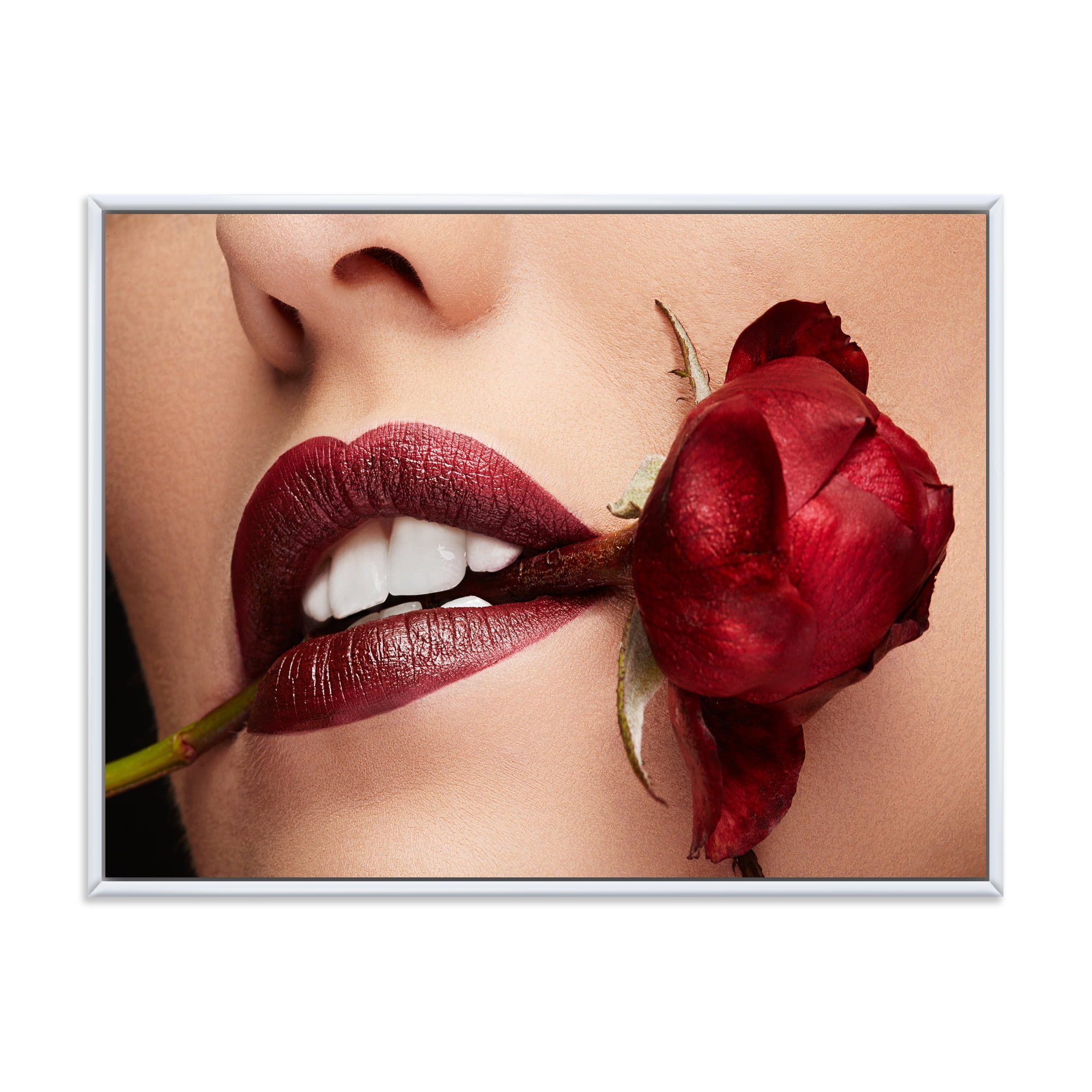 Designart 'Girl With Red Lipstick Holding A Rose In Mouth' Modern Framed Canvas Wall Art Print