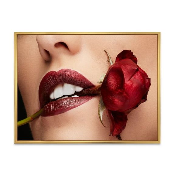 Designart 'Girl With Red Lipstick Holding A Rose In Mouth' Modern Framed Canvas Wall Art Print