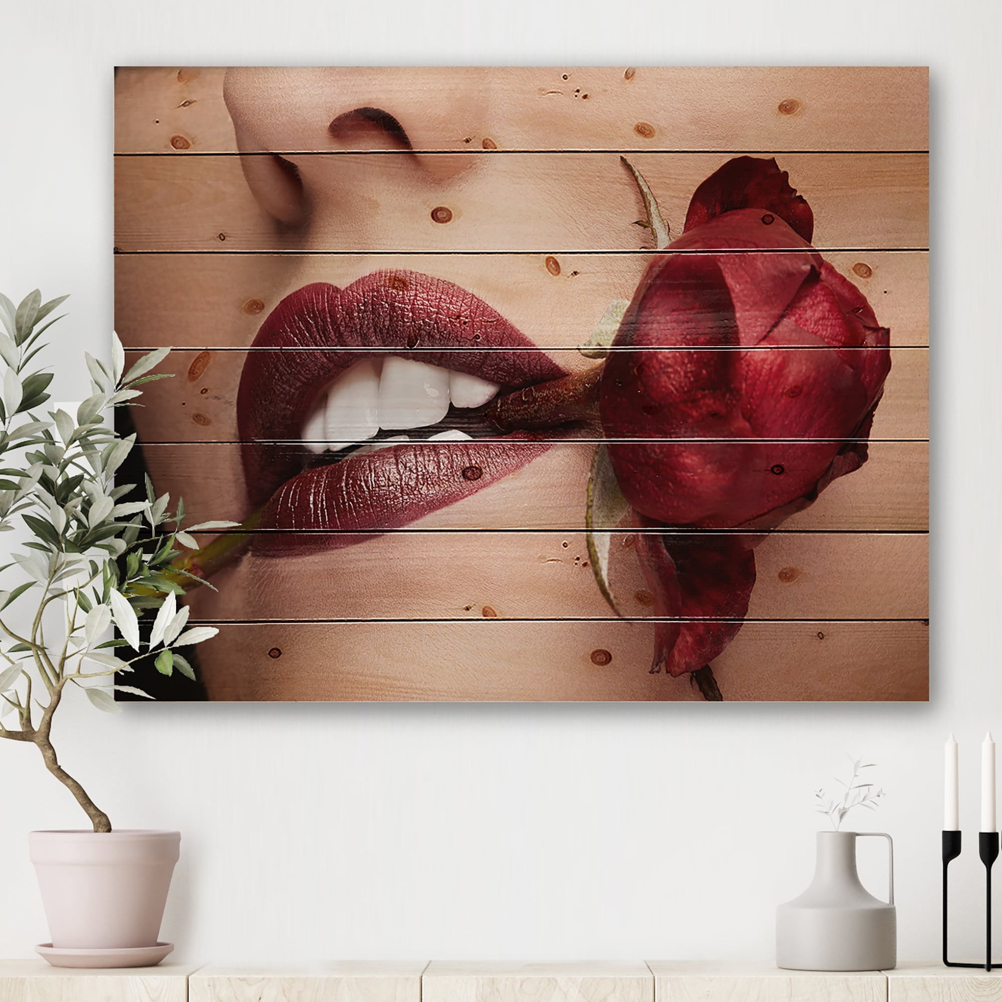 Designart 'Girl With Red Lipstick Holding A Rose In Mouth' Modern Print on Natural Pine Wood