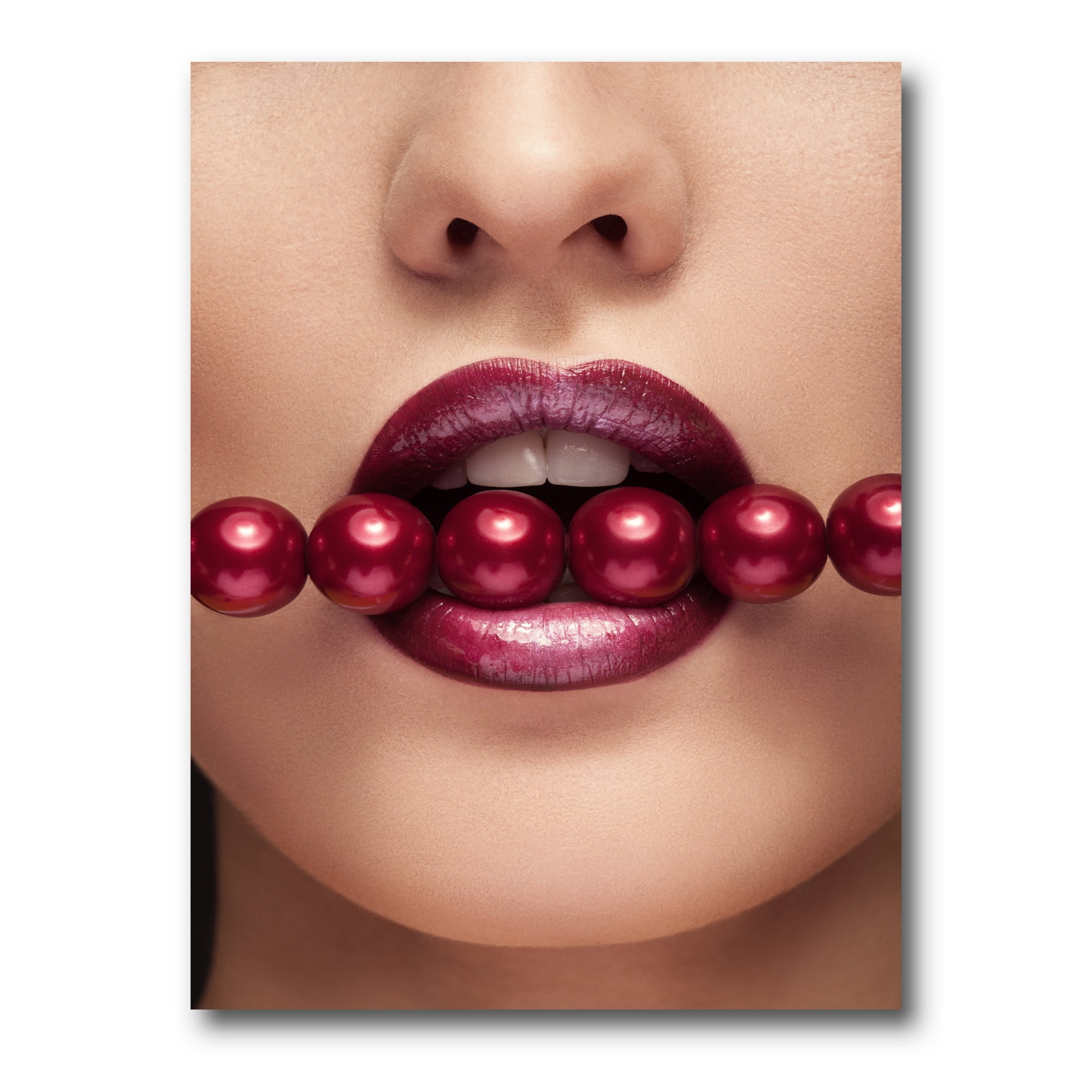 Designart ' Girl With Red Pearls In Mouth In A Sensual Pose ' Modern Canvas Wall Art Print