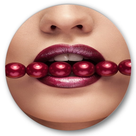 Designart 'Girl With Red Pearls In Mouth In A Sensual Pose' Modern Circle Metal Wall Art 11x11 - Disc of 11