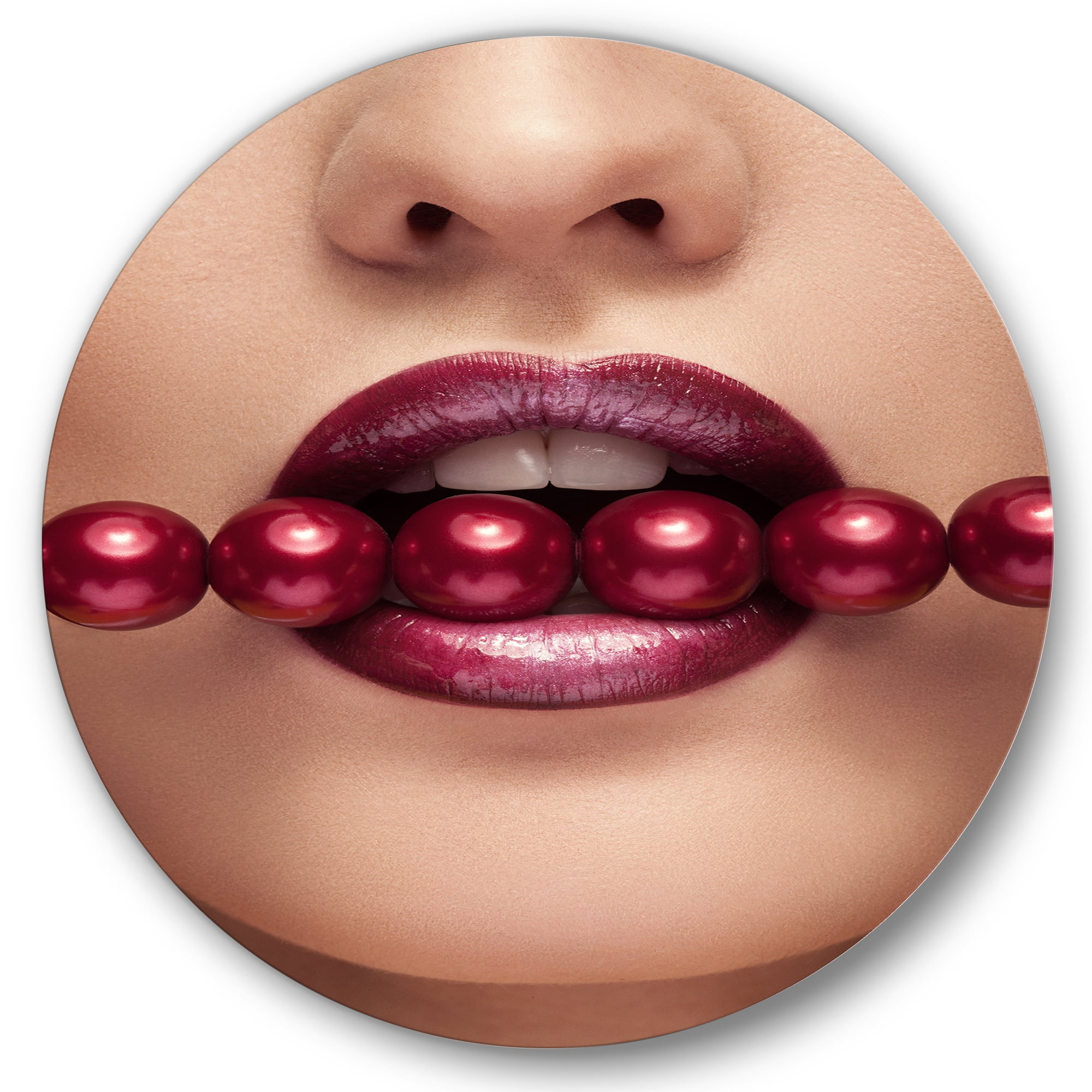 Designart 'Girl With Red Pearls In Mouth In A Sensual Pose' Modern Circle Metal Wall Art 23x23 - Disc of 23
