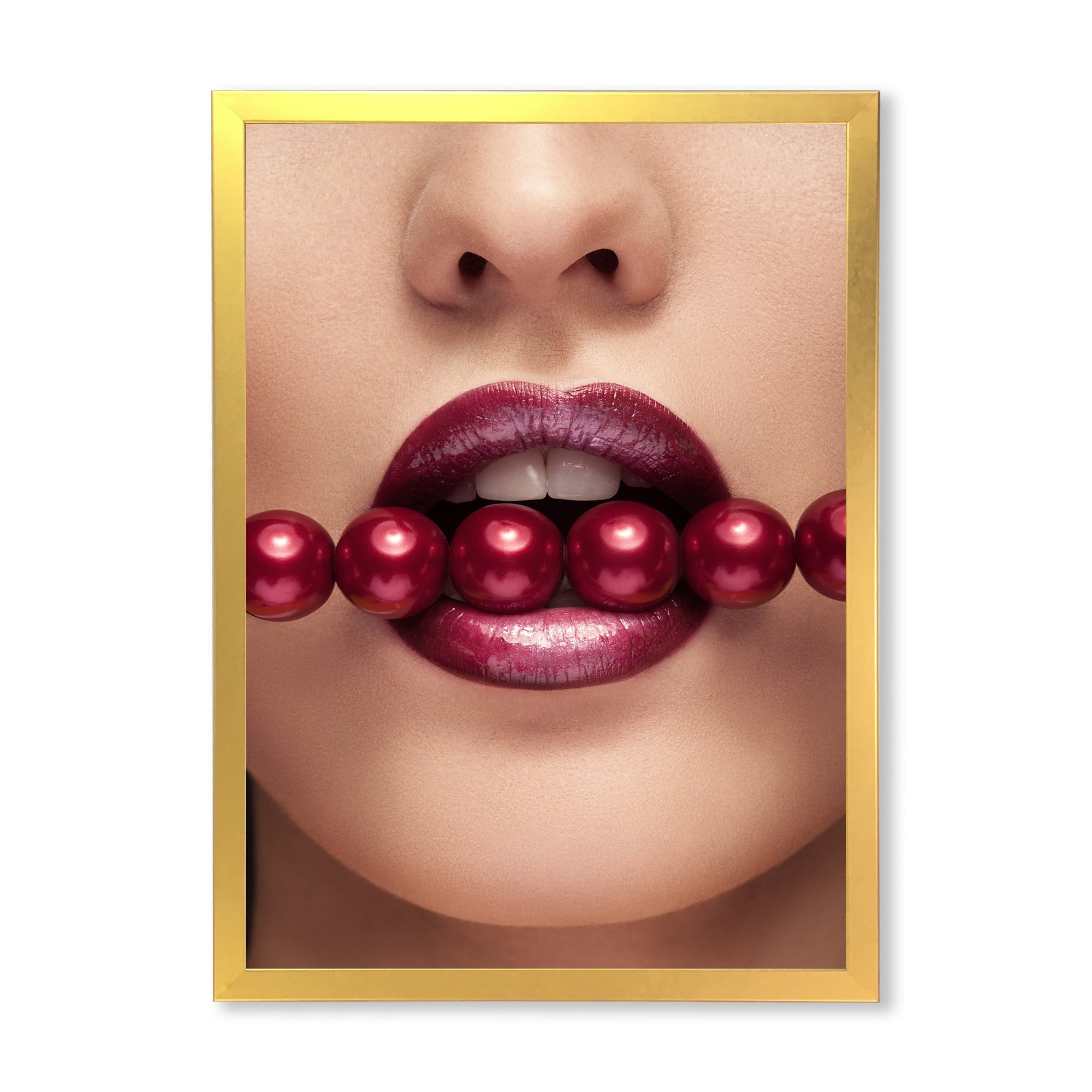 Designart 'Girl With Red Pearls In Mouth In A Sensual Pose' Modern Framed Art Print