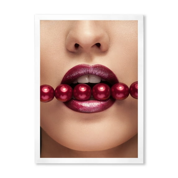 Designart 'Girl With Red Pearls In Mouth In A Sensual Pose' Modern Framed Art Print