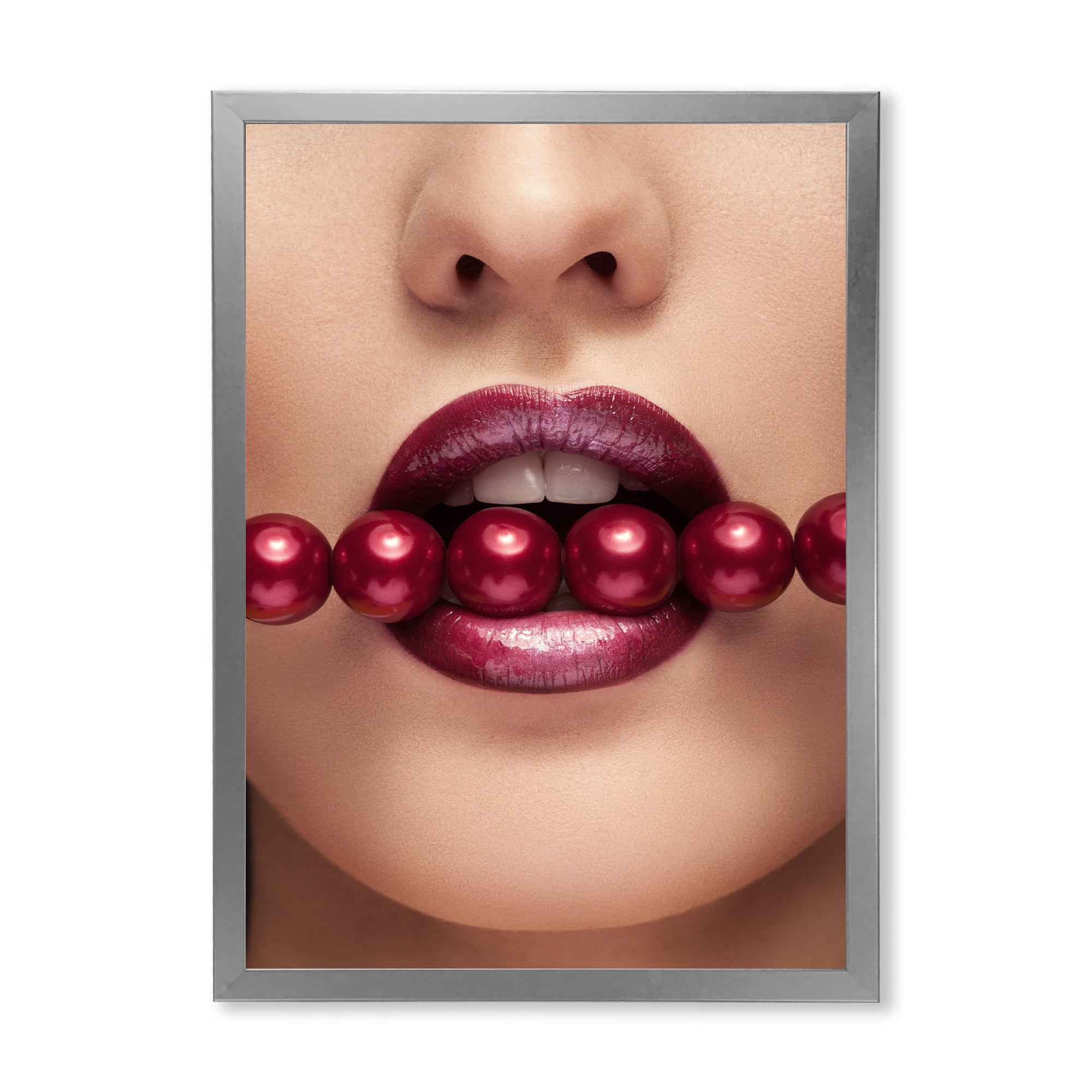 Designart 'Girl With Red Pearls In Mouth In A Sensual Pose' Modern Framed Art Print