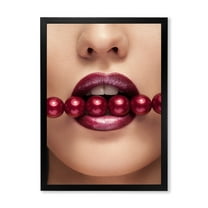 Designart 'Girl With Red Pearls In Mouth In A Sensual Pose' Modern Framed Art Print