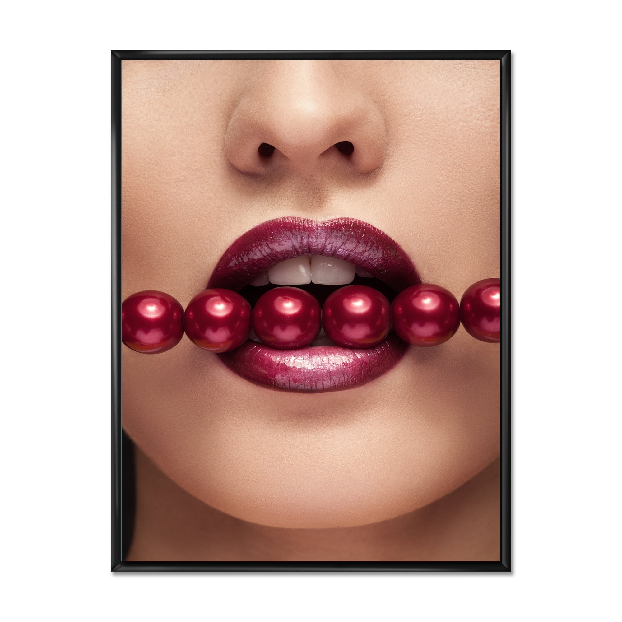 Designart 'Girl With Red Pearls In Mouth In A Sensual Pose' Modern Framed Canvas Wall Art Print