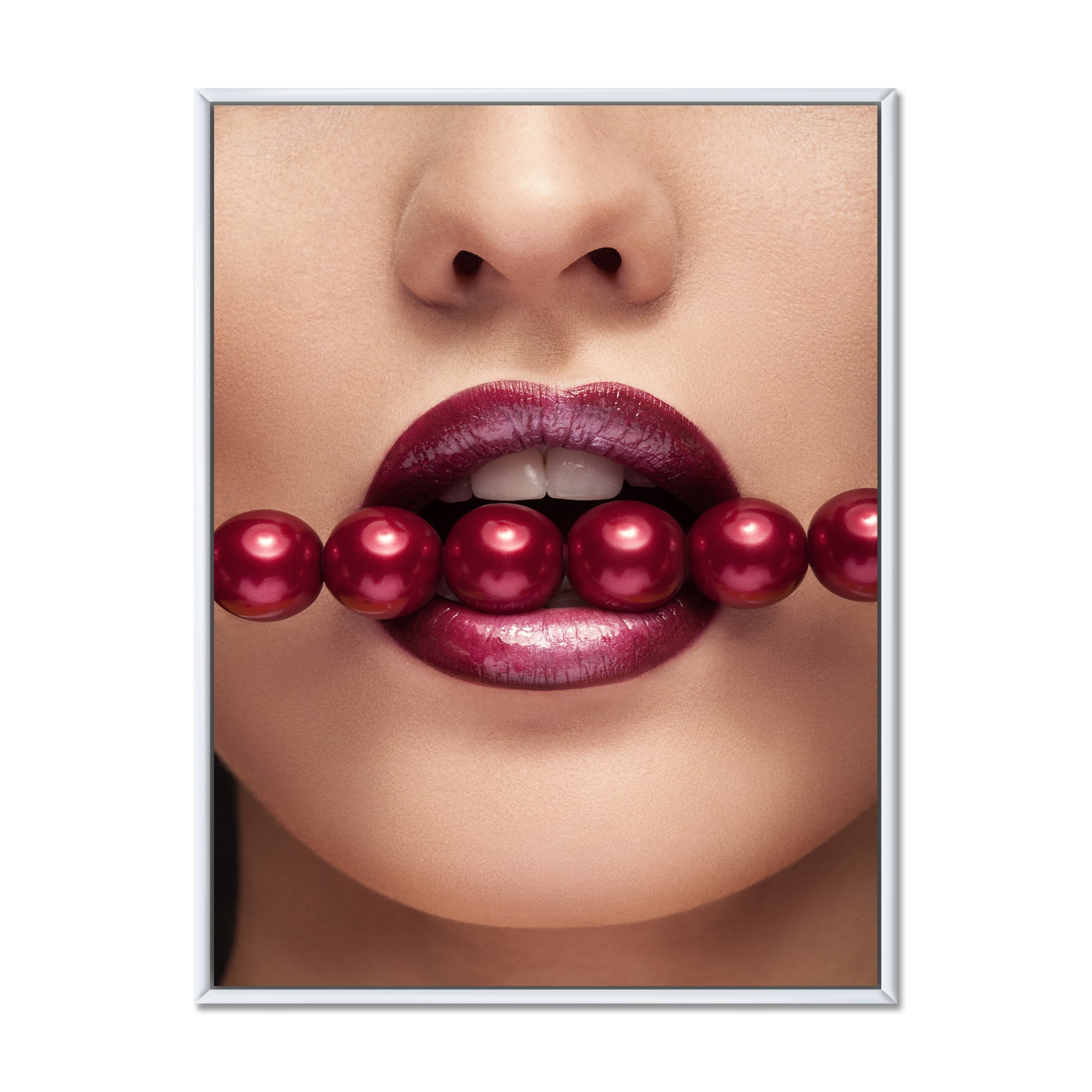 Designart 'Girl With Red Pearls In Mouth In A Sensual Pose' Modern Framed Canvas Wall Art Print
