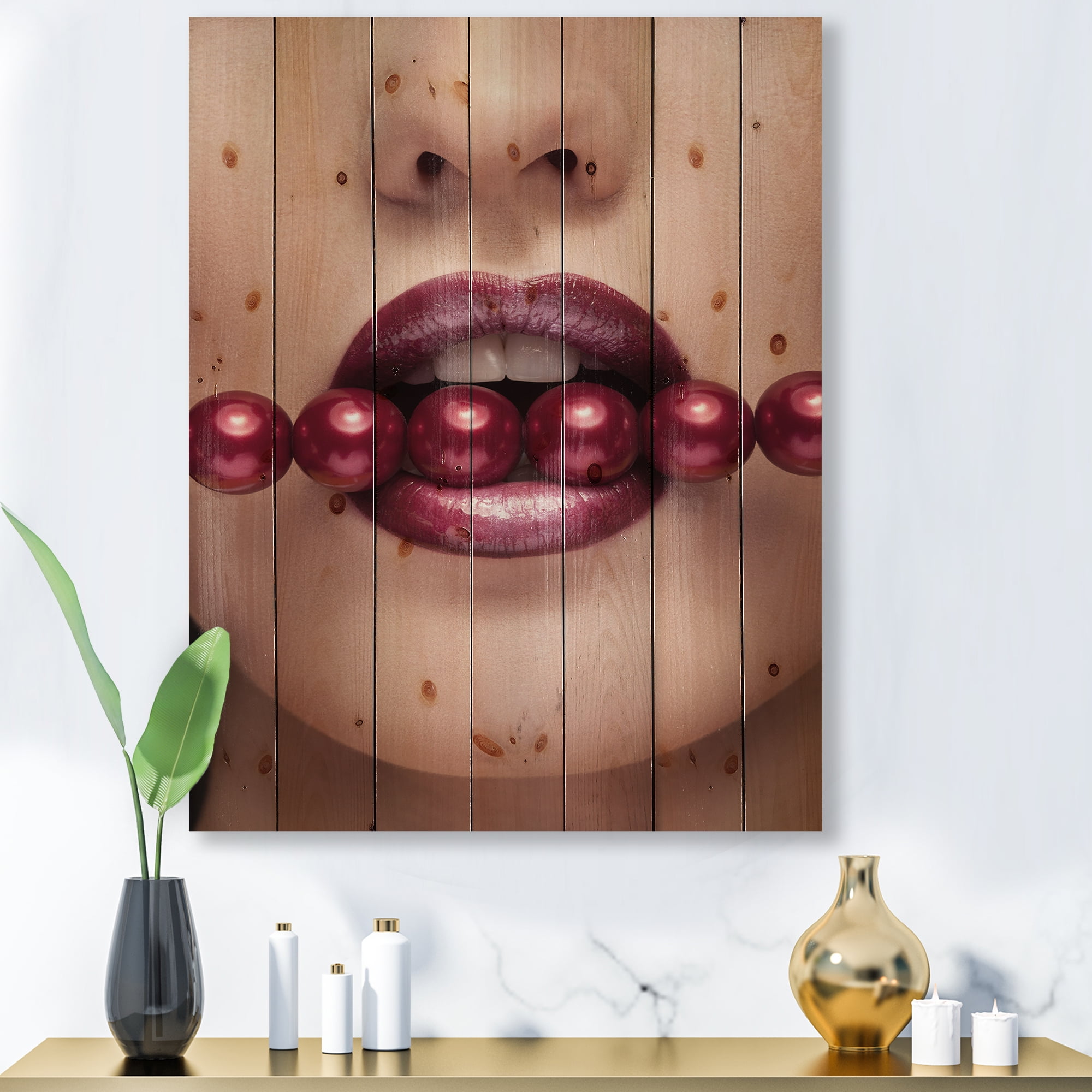 Designart 'Girl With Red Pearls In Mouth In A Sensual Pose' Modern Print on Natural Pine Wood