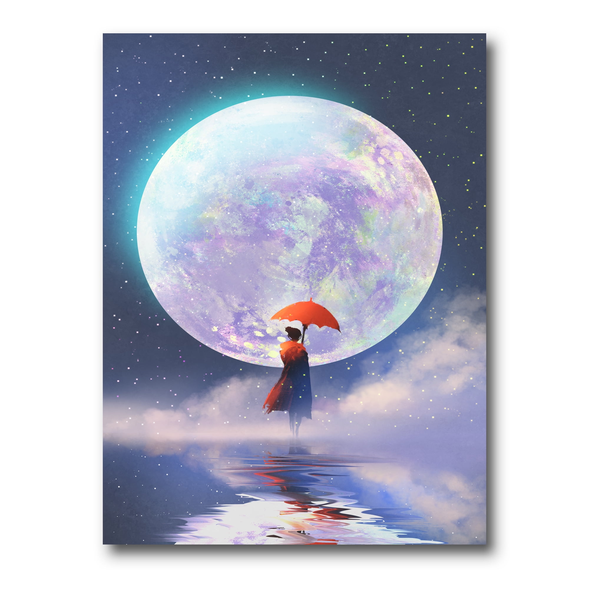Designart ' Girl With Umbrella Standing On Water Against Moon ' Traditional Canvas Wall Art Print