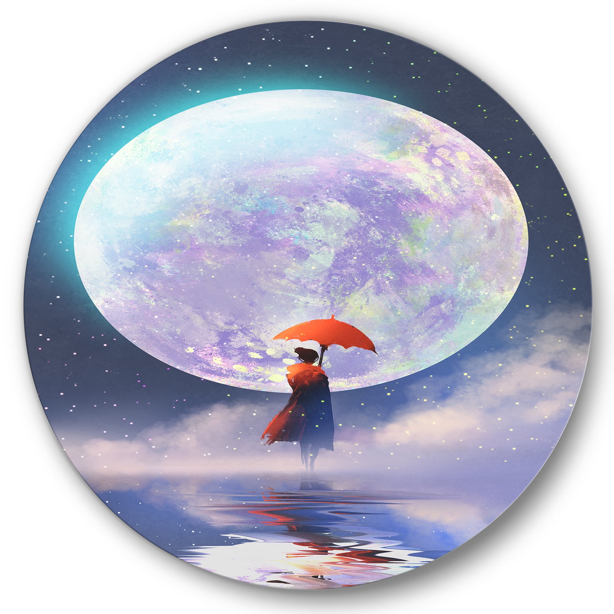 Designart 'Girl With Umbrella Standing On Water Against Moon' Traditional Circle Metal Wall Art 29x29 - Disc of 29