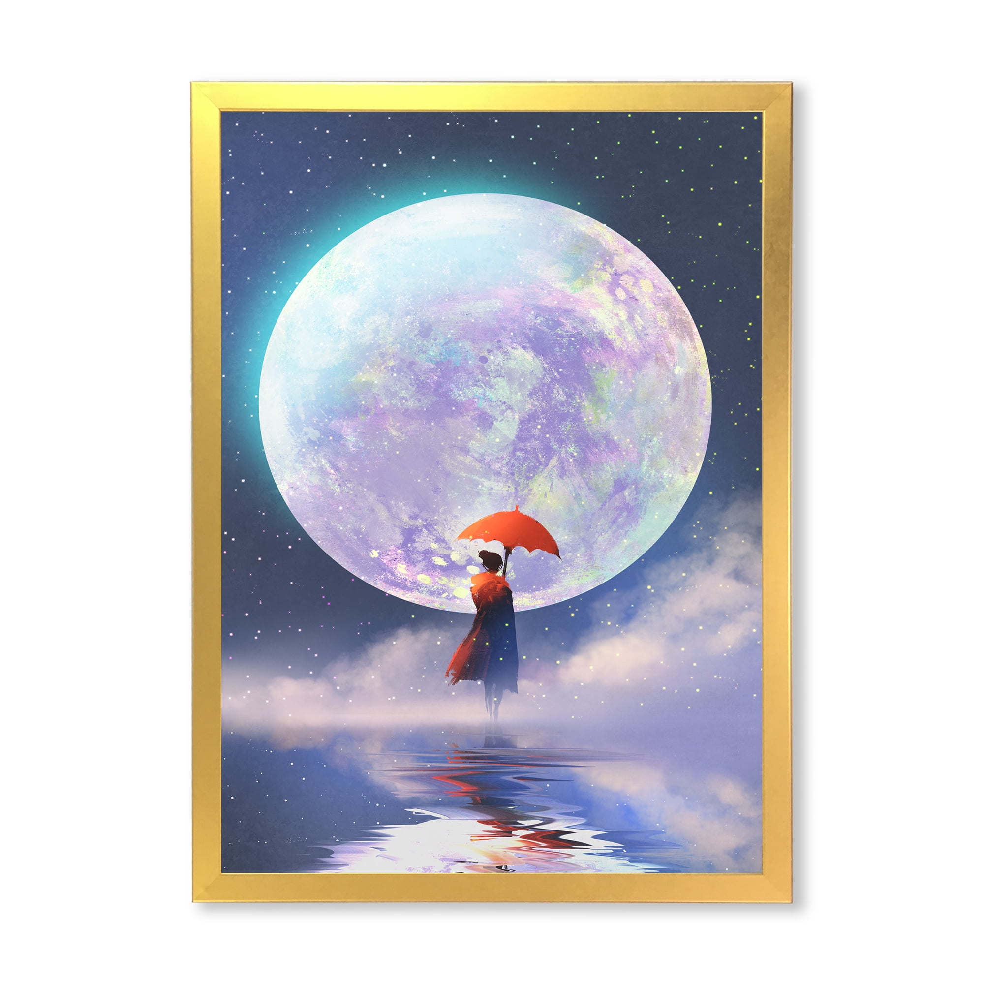 Designart 'Girl With Umbrella Standing On Water Against Moon' Traditional Framed Art Print